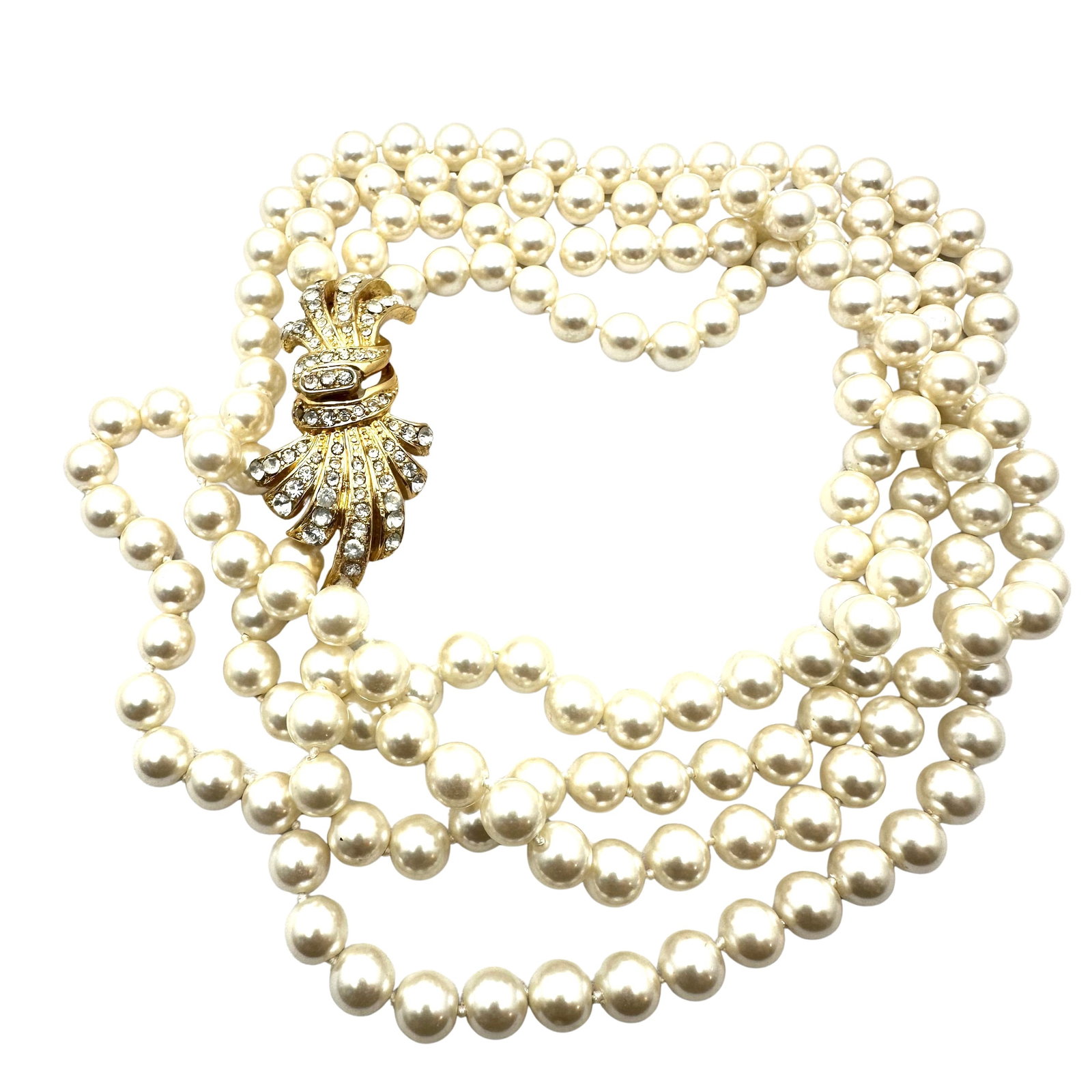 Vintage Clear Rhinestone Fancy Clasp Glass Faux Pearl Double Strand Necklace 28 Inch Length Nice: Vintage Clear Rhinestone Fancy Clasp Glass Faux Pearl Double Strand Necklace 28 Inch Length Nice Quality
