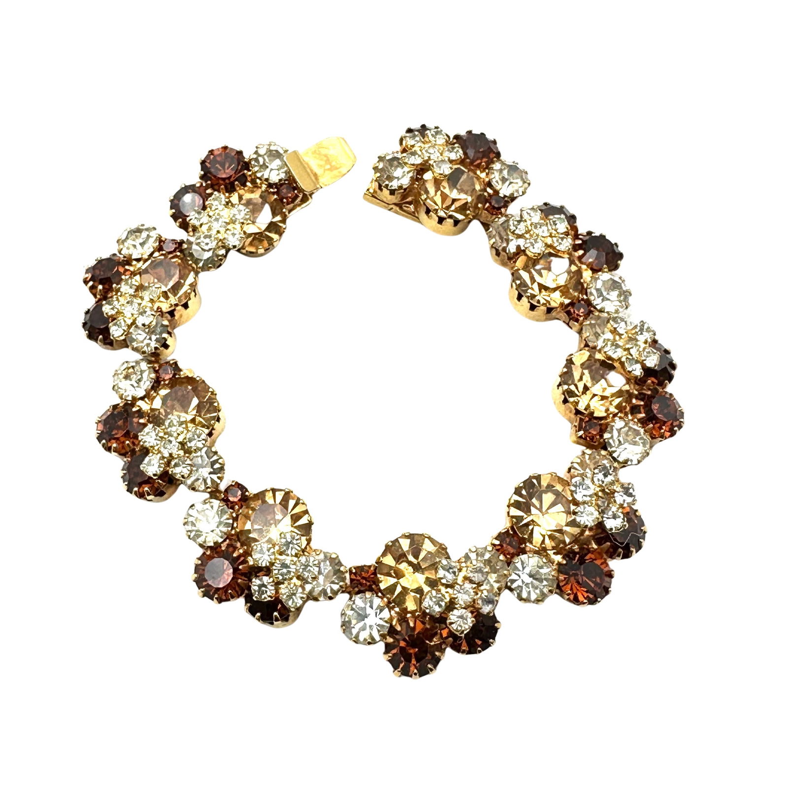 Vintage High End Amber Brown Glass Rhinestone Gold Tone Bracelet 6.5 Inch Flower Design: Vintage High End Amber Brown Glass Rhinestone Gold Tone Bracelet 6.5 Inch Flower Design