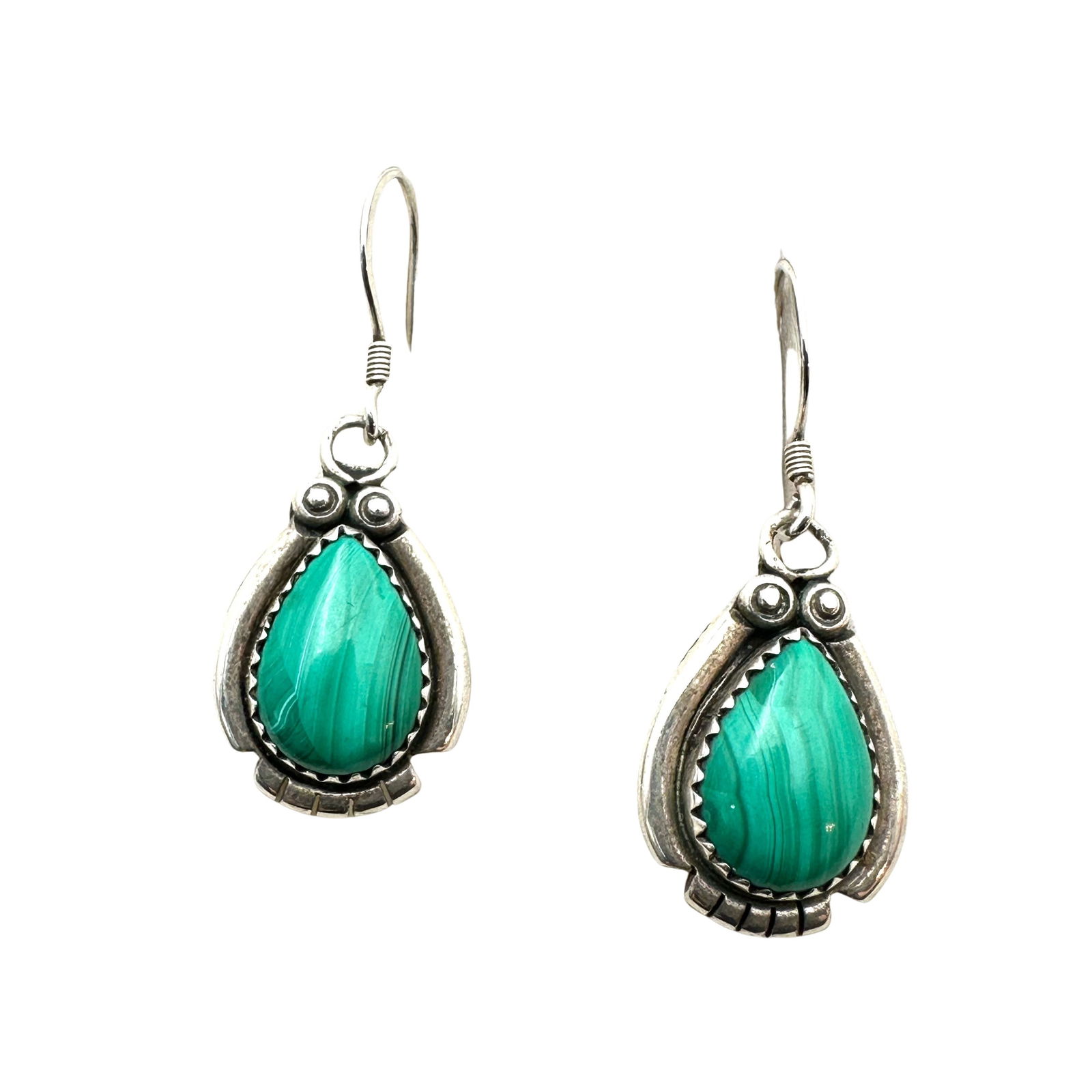 Southwest Style Green Malachite Sterling Silver Pierced Earrings 1.5 Inch (1 of 2)