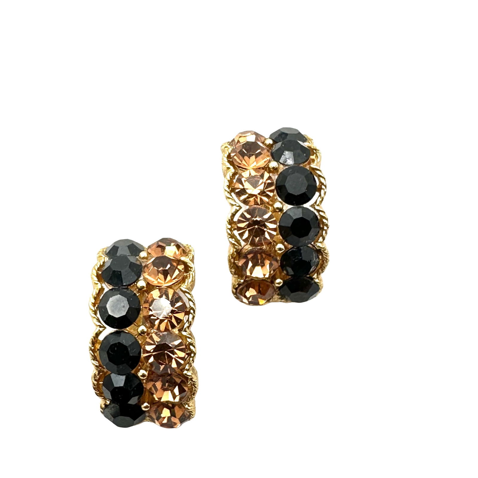 Vintage Lisner Amber Black Glass Rhinestone Gold Tone Clip Earrings: Vintage Lisner Amber Black Glass Rhinestone Gold Tone Clip Earrings