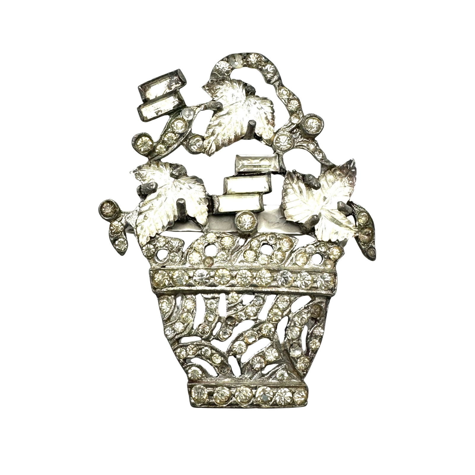 Antique Pot Metal 2 Inch Flower Basket Brooch Pin Unusual Leaf Shaped Glass Rhinestones Pin Has Been (1 of 2)