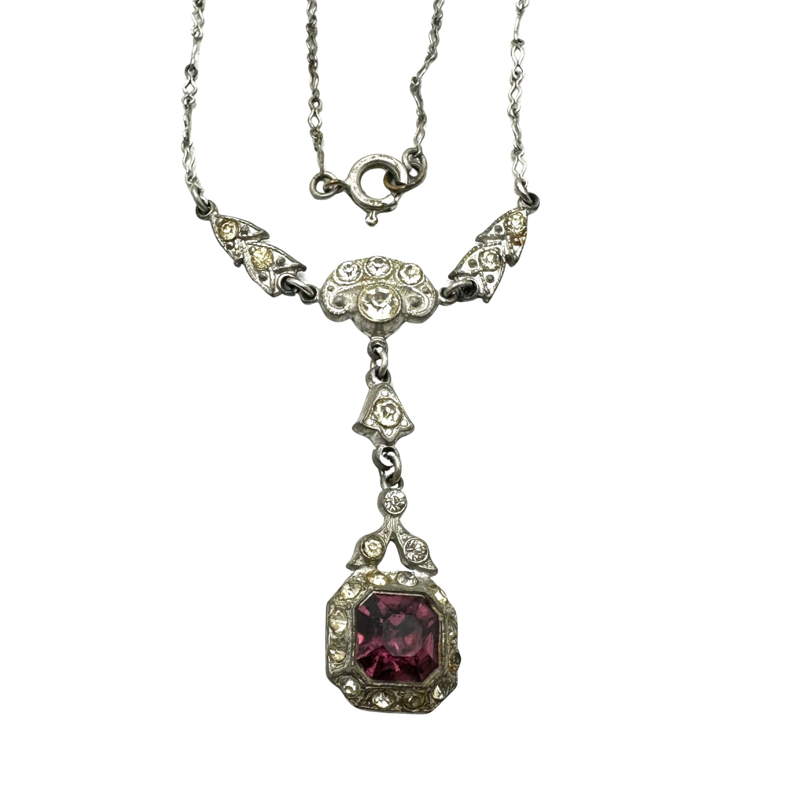 Antique Art Deco Silver Pot Metal Clear Purple Crystal Pendant Necklace 16 Inch: Antique Art Deco Silver Pot Metal Clear Purple Crystal Pendant Necklace 16 Inch