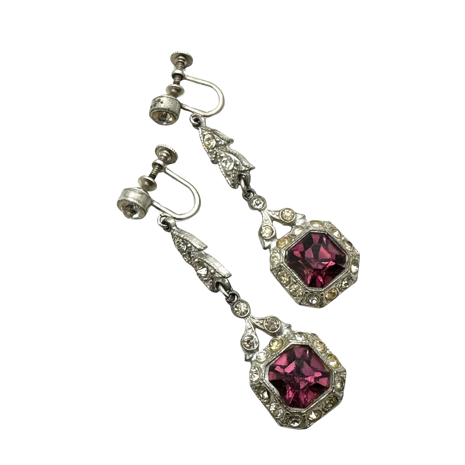 Antique Art Deco Silver Pot Metal Clear Purple Crystal Silver Chandelier Screw Back Earrings 1.5: Antique Art Deco Silver Pot Metal Clear Purple Crystal Silver Chandelier Screw Back Earrings 1.5 Inch