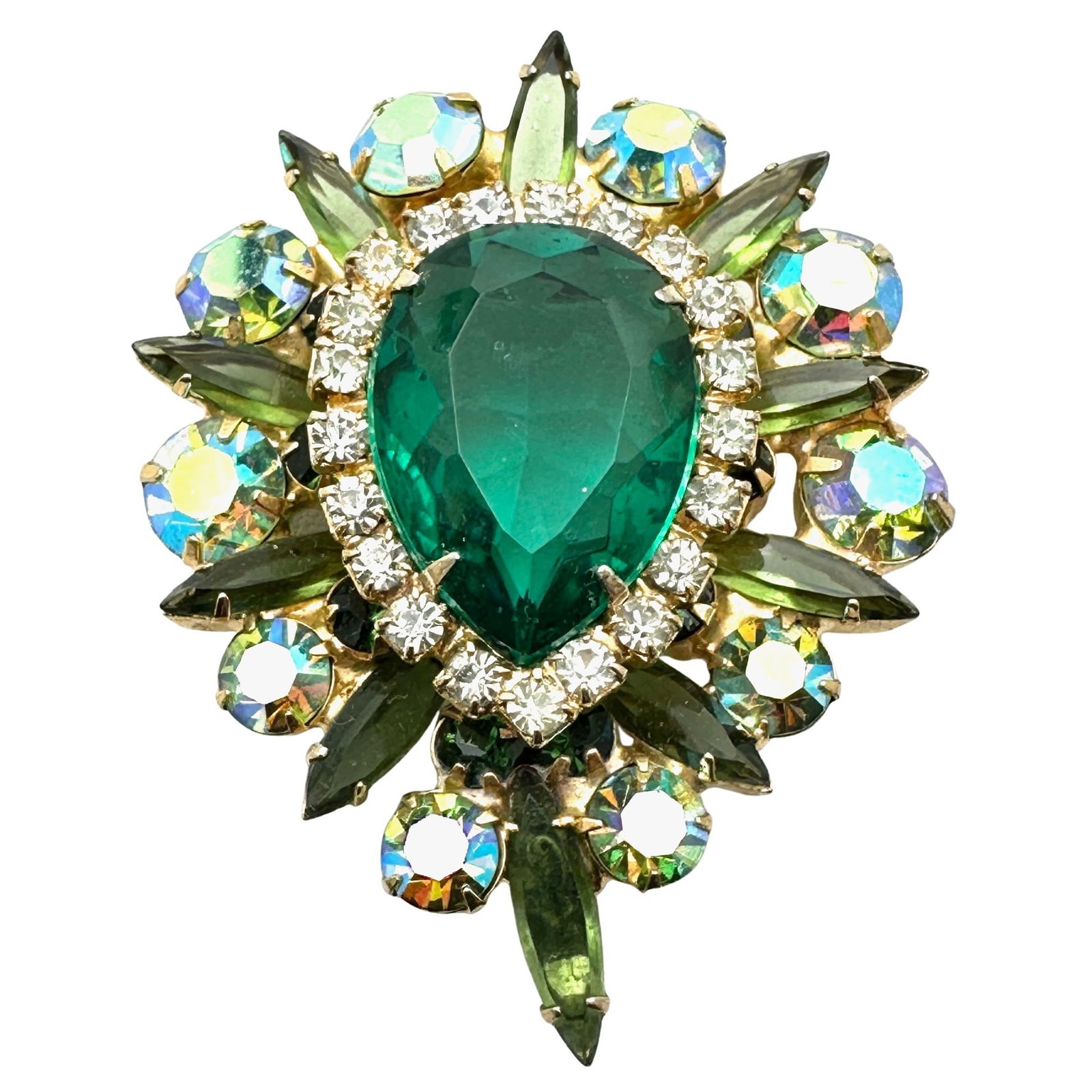 Vintage Juliana Green Glass Rhinestone Gold Tone Pin Brooch Pendant 2 Inch (1 of 2)