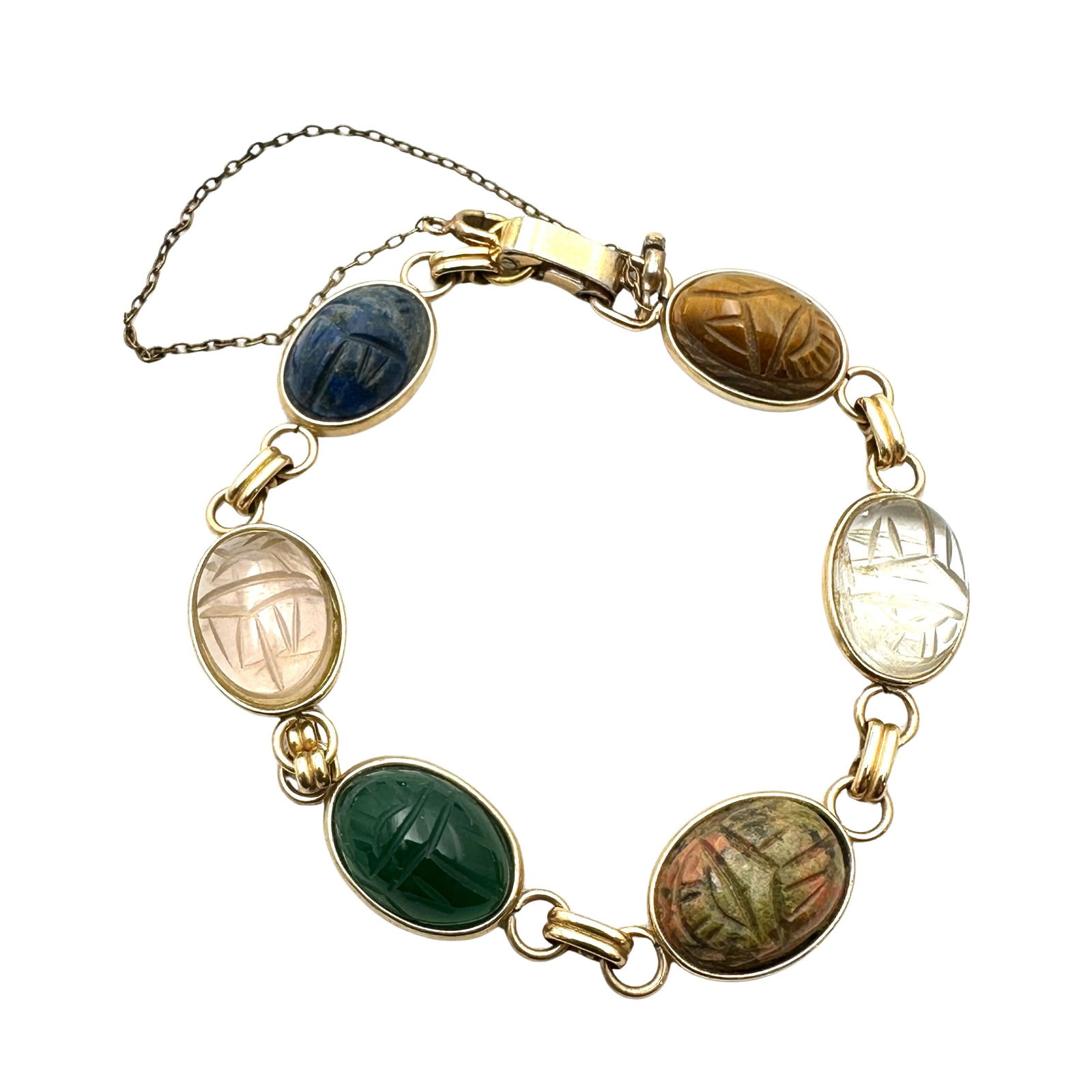 Vintage Krementz Carved Gemstone Scarab Bracelet Gold Filled 6.5 Inch (1 of 2)