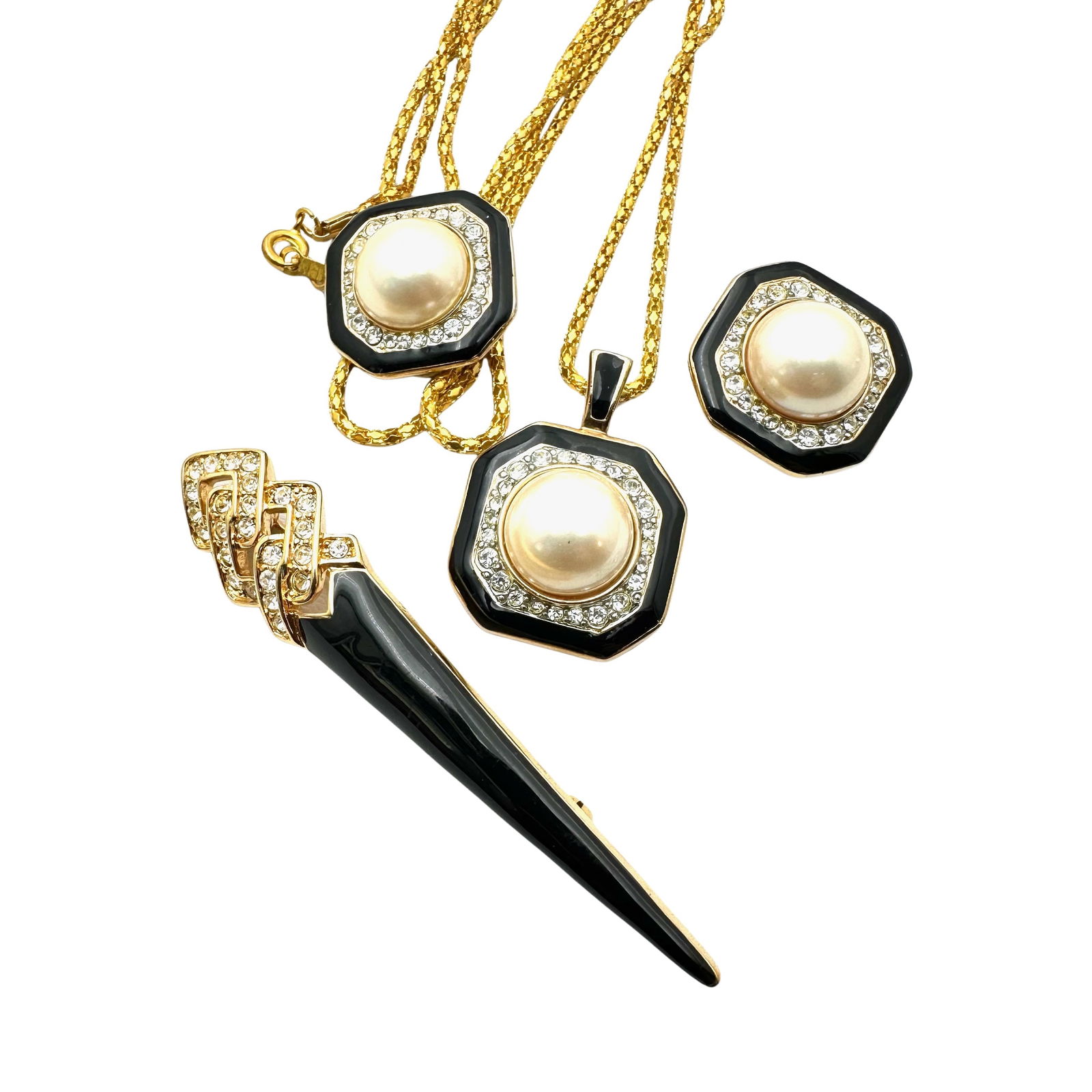 Vintage Black Enamel Clear Rhinestone Jewelry Group Lot Earrings Necklace Brooch Pin (1 of 2)