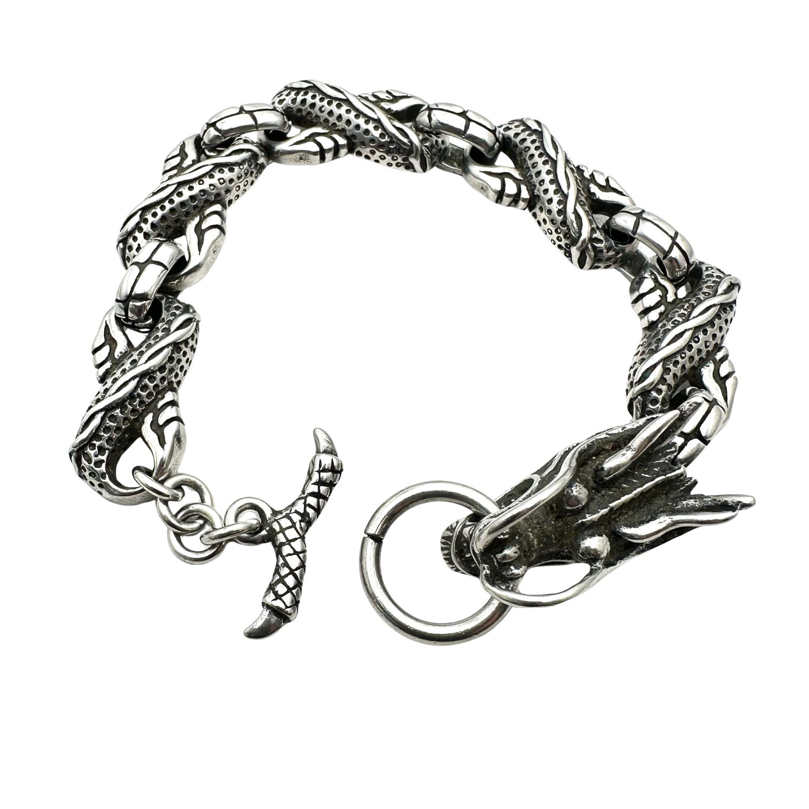 Silver Tone Detailed Snake Dragon Bracelet 8 Inch Length Toggle Clasp (1 of 2)
