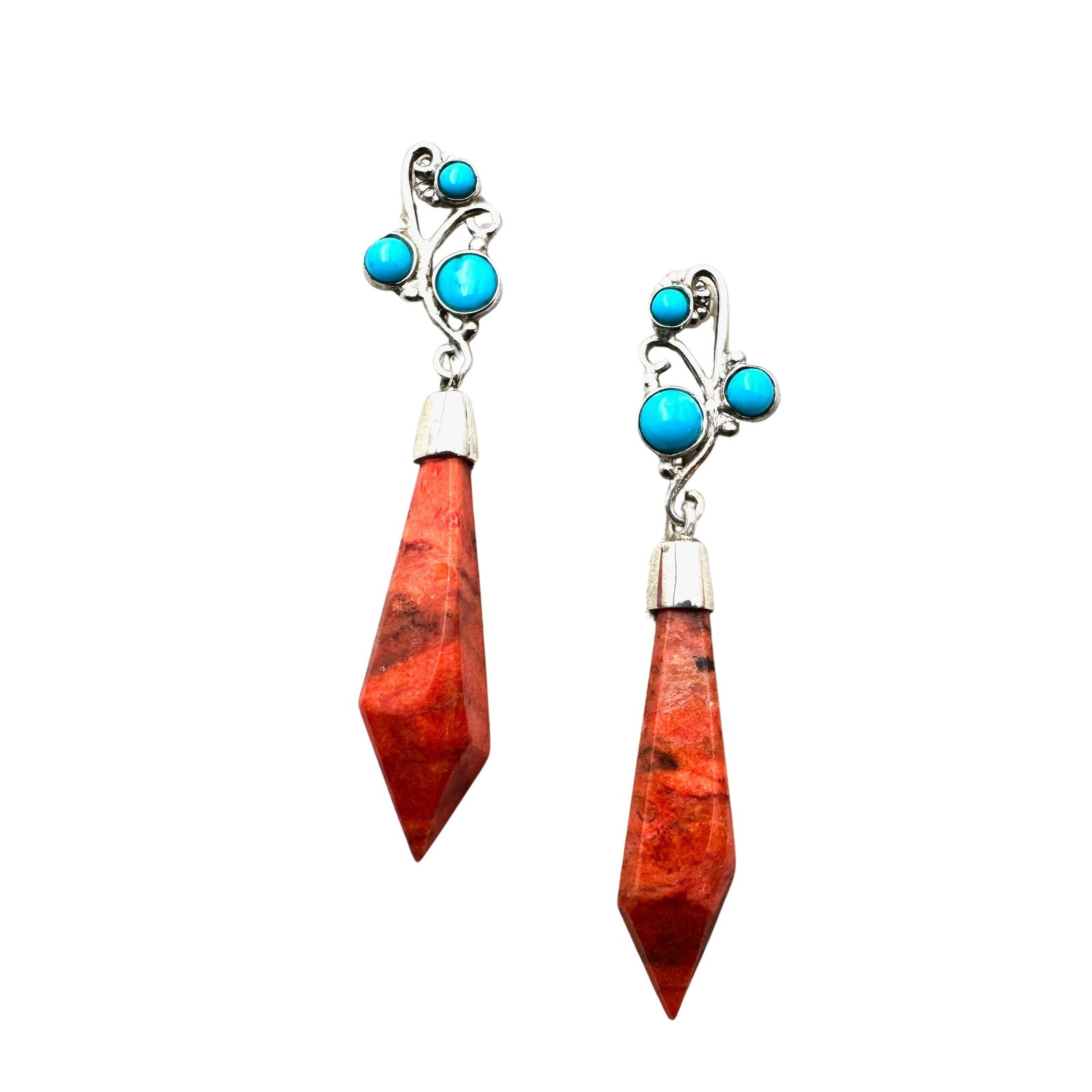 Blue Turquoise Sponge Coral Sterling Silver Chandelier Pierced Earrings 2 1/4 Inch: Blue Turquoise Sponge Coral Sterling Silver Chandelier Pierced Earrings 2 1/4 Inch