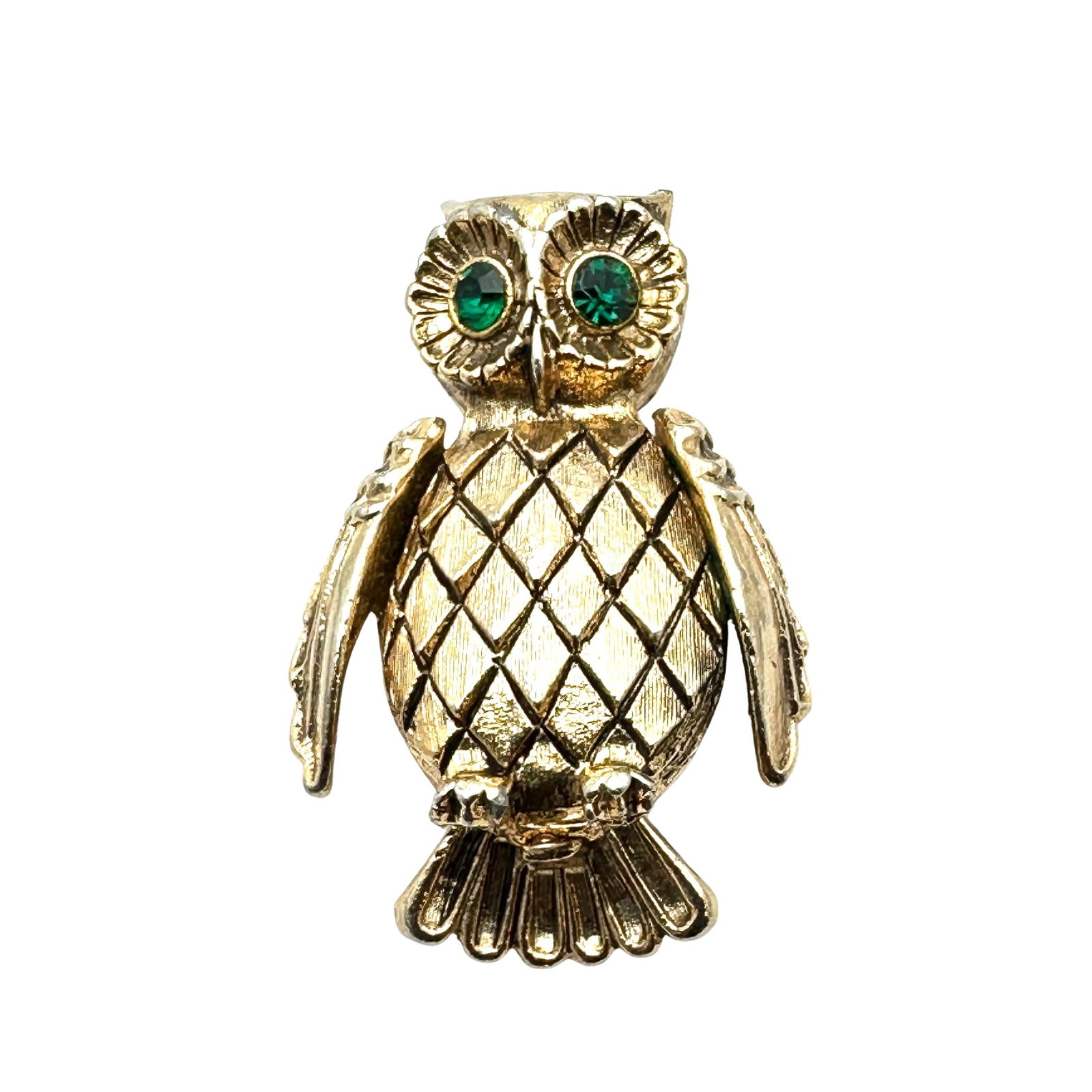 Vintage Gold Tone Owl Solid Perfume Brooch Pin Green Rhinestone Eyes1.75 Inch (1 of 2)