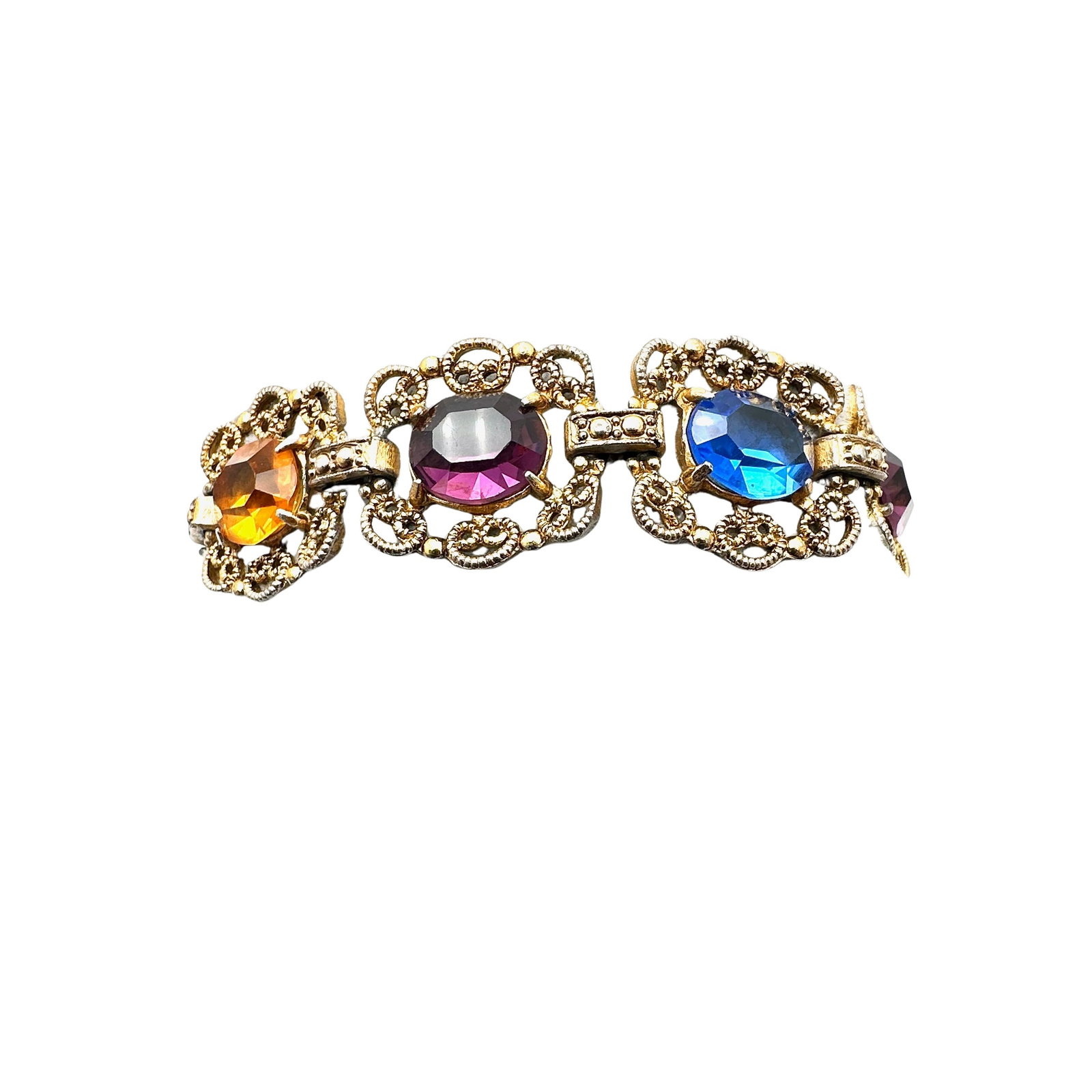 Antique Vintage Multicolor Czech Glass Rhinestone Gold Over Silver Tone Pot Metal Bracelet 7 Inch: Antique Vintage Multicolor Czech Glass Rhinestone Gold Over Silver Tone Pot Metal Bracelet 7 Inch