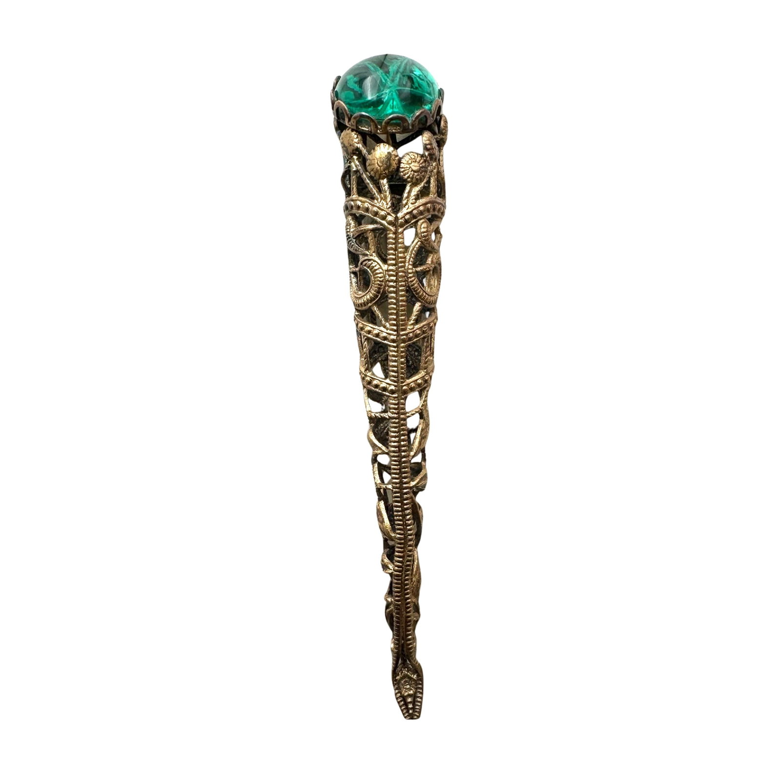 Antique Green Czech Glass Antiqued Gold Tone Filigree Brooch Pin 2.5 Inch: Antique Green Czech Glass Antiqued Gold Tone Filigree Brooch Pin 2.5 Inch