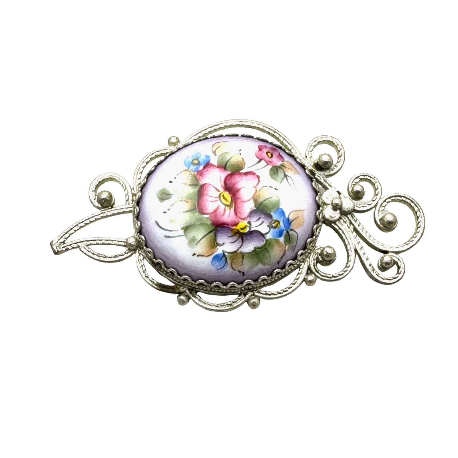 Vintage Russian Finift Hand Painted Pastel Floral Silver Tone Filigree Brooch Pin 2 Inch: Vintage Russian Finift Hand Painted Pastel Floral Silver Tone Filigree Brooch Pin 2 Inch