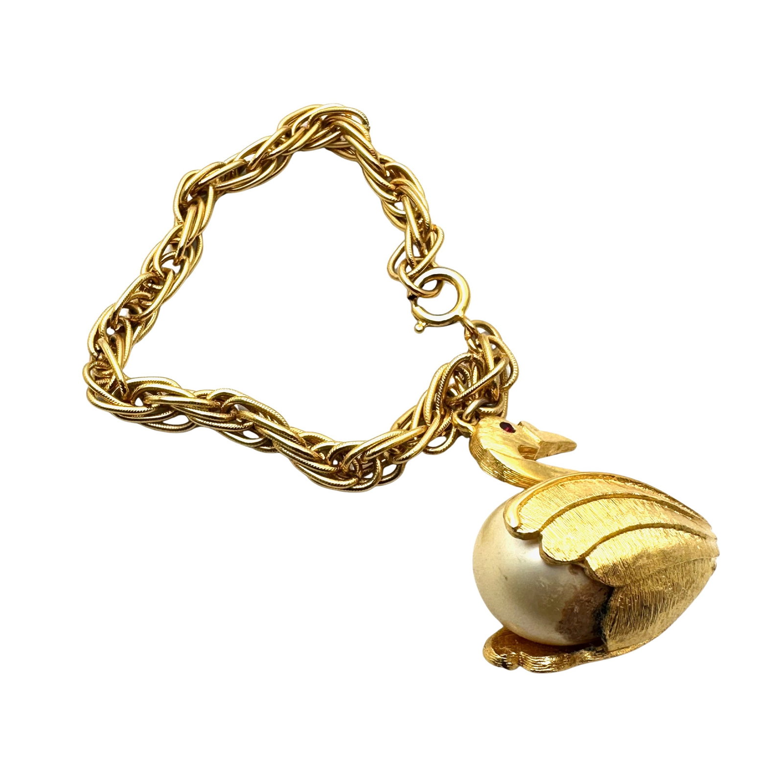 Vintage Gold Tone Faux Pearl Swan Charm Bracelet 7 Inch: Vintage Gold Tone Faux Pearl Swan Charm Bracelet 7 Inch