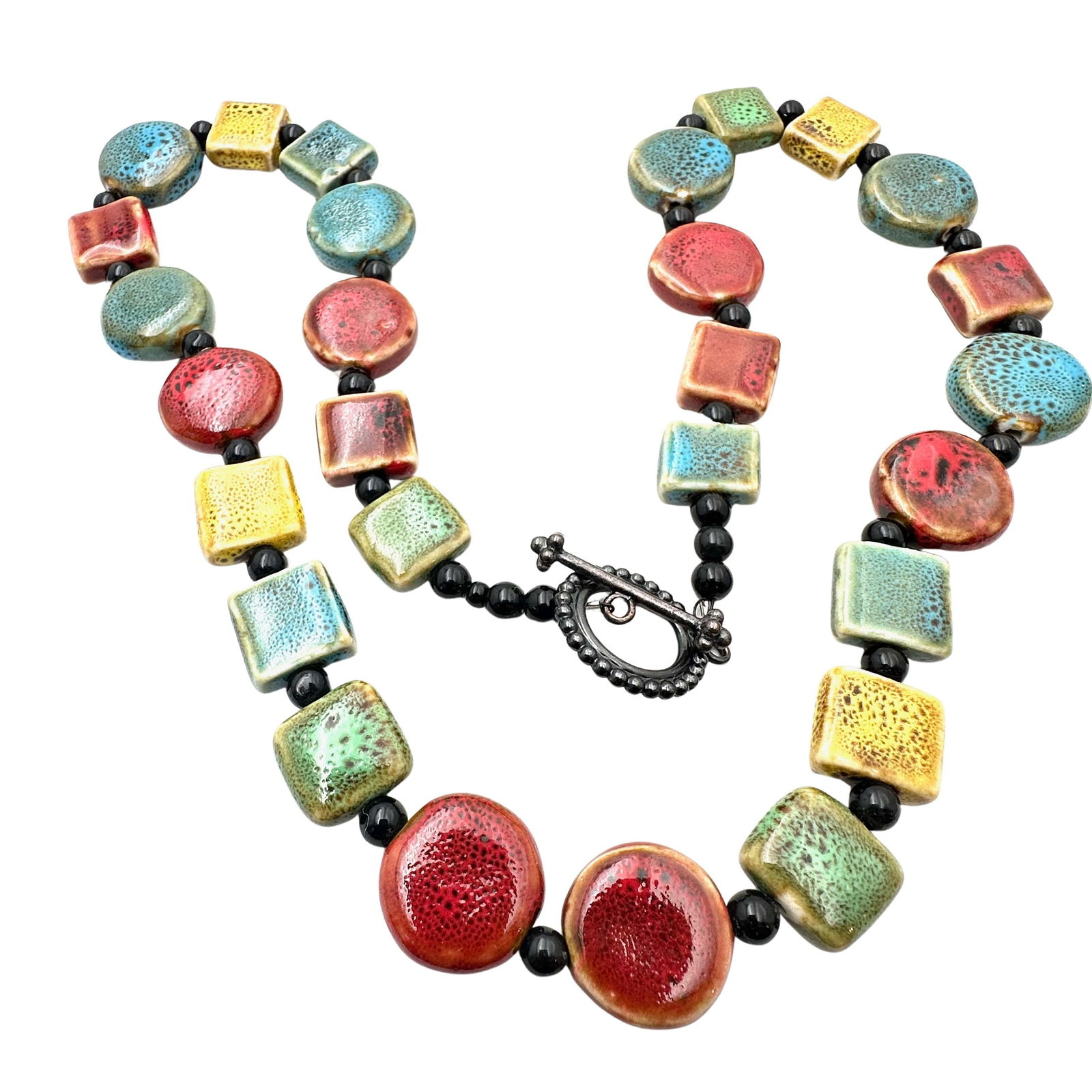 Artisan Painted Ceramic Bead Necklace 24 Inch Length Red Blue Green Yellow Speckled Beads (1 of 2)