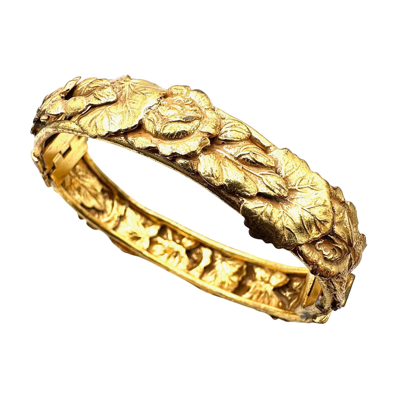 Vintage Antiqued Gold Tone Hinged Bangle Bracelet 6.5 Inch Floral Rose Design (1 of 2)