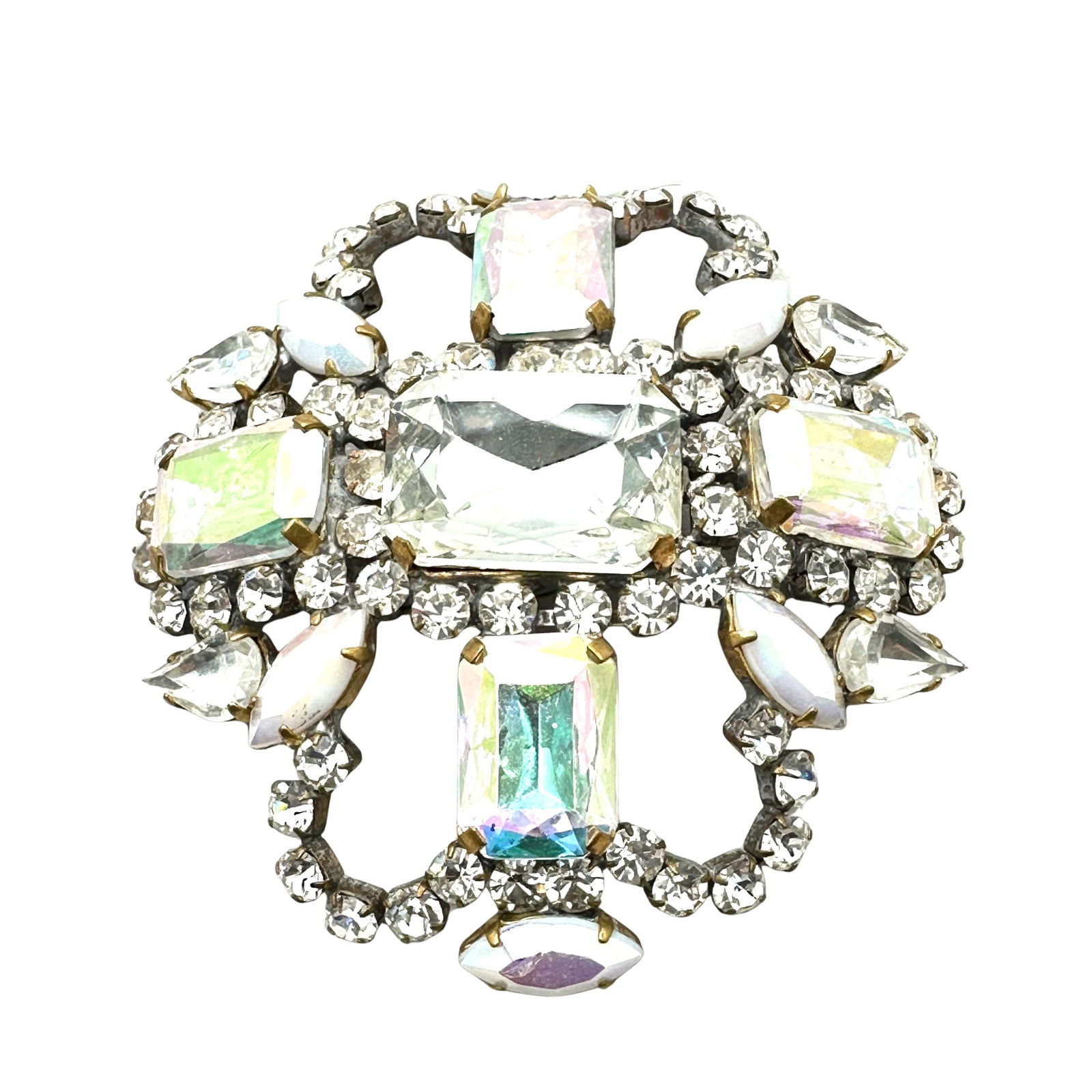Bijoux M.G. Czech Glass Clear Aurora Borealis Brooch Pin 3 Inch Unplated Back of Pin (1 of 2)