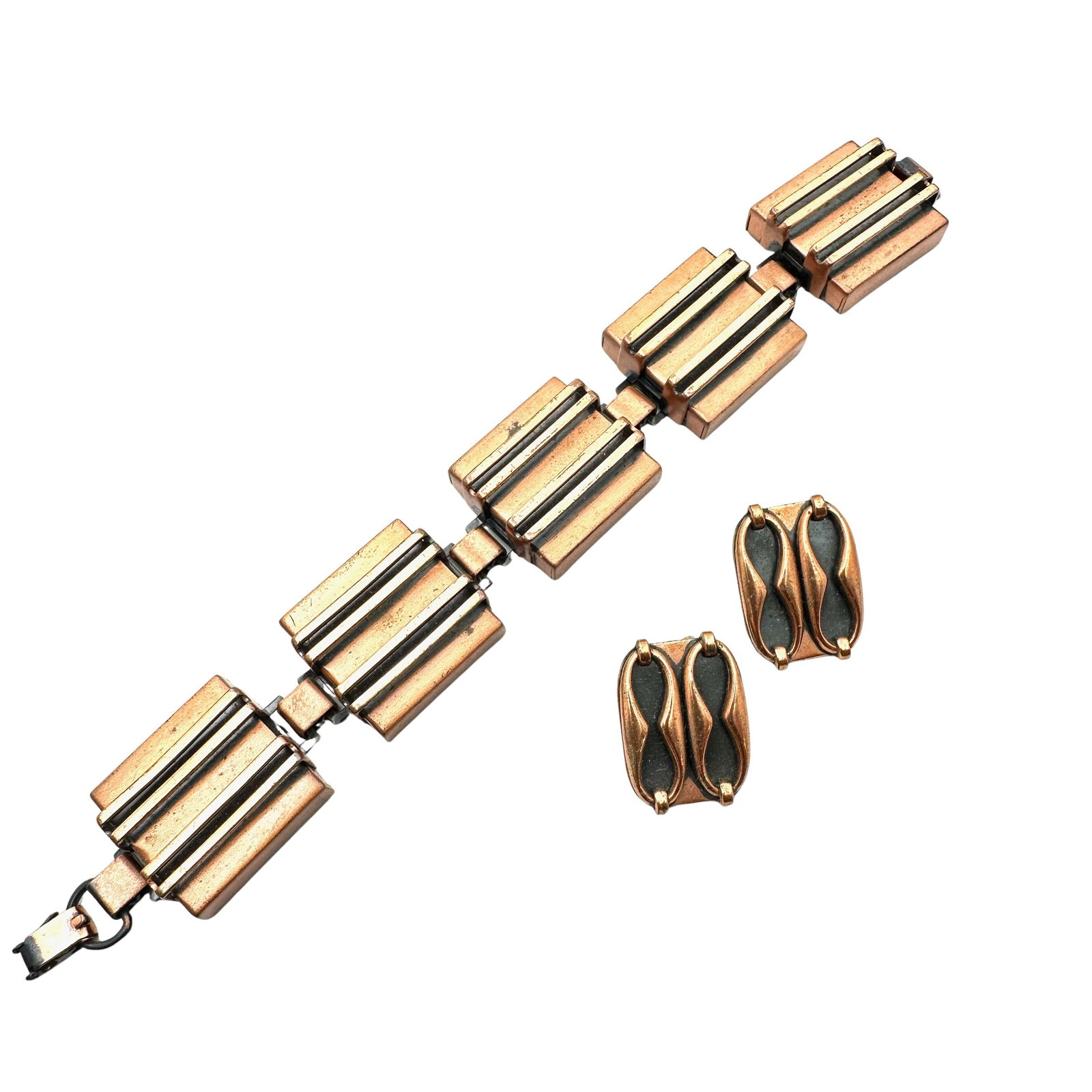 Vintage Mid Century Modern Copper 7 Inch Bracelet Renoir Clip Earrings: Vintage Mid Century Modern Copper 7 Inch Bracelet Renoir Clip Earrings