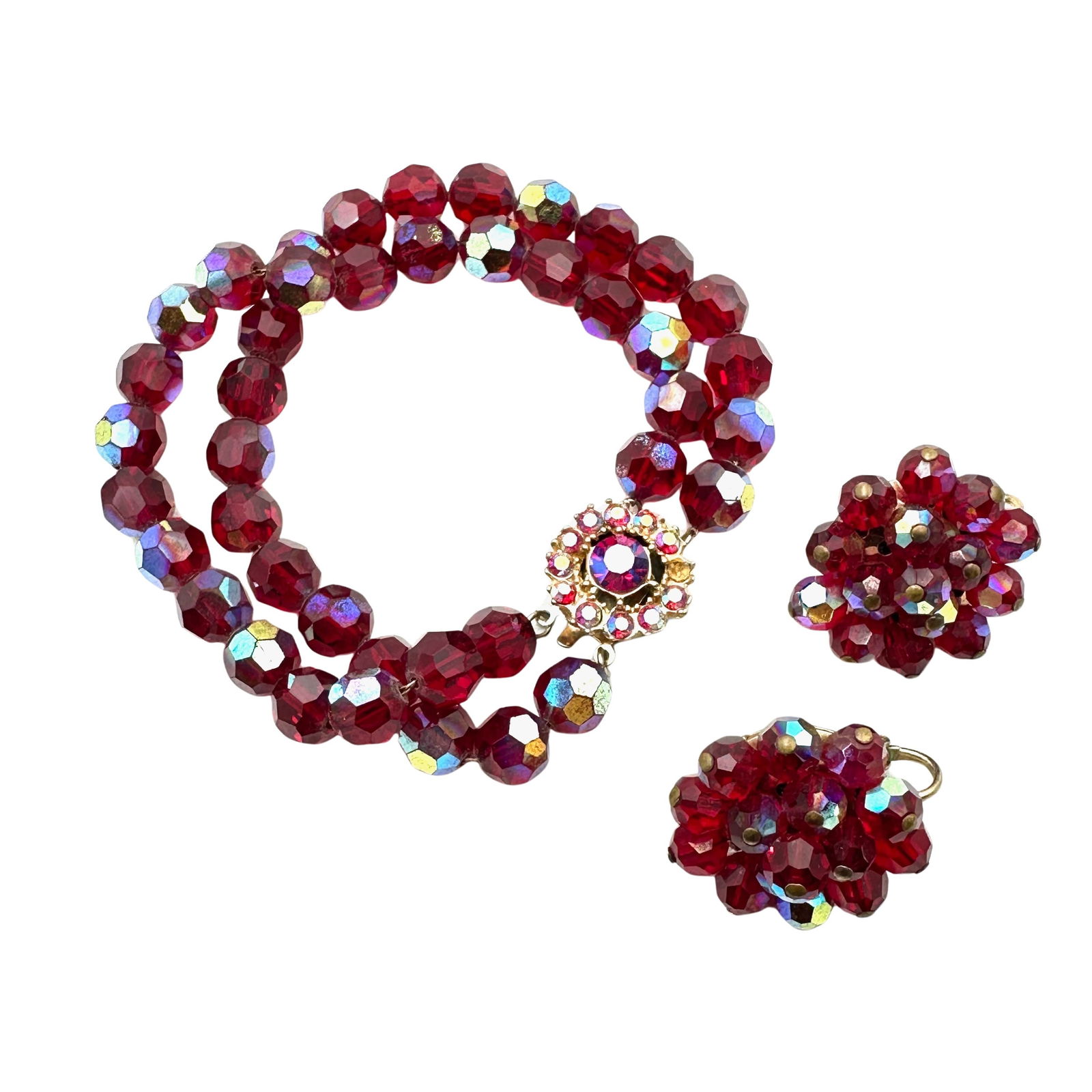 Vintage Bergere Red Rhinestone Aurora Borealis Crystal Bead 7 Inch Bracelet Clip Earrings Set (1 of 2)