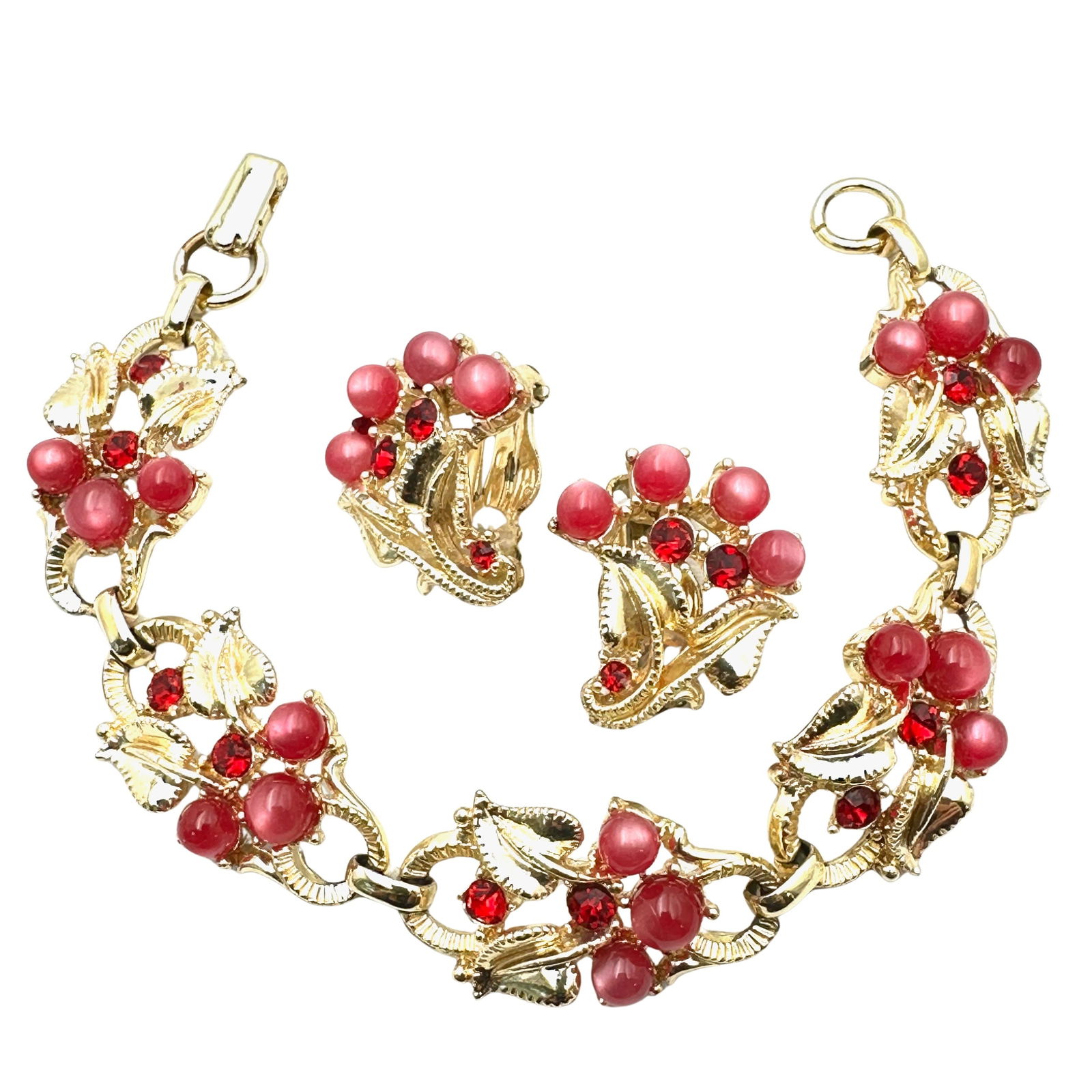Vintage Star Pink Lucite Red Rhinestone Gold Tone 7 Inch Bracelet Clip Earring Set: Vintage Star Pink Lucite Red Rhinestone Gold Tone 7 Inch Bracelet Clip Earring Set