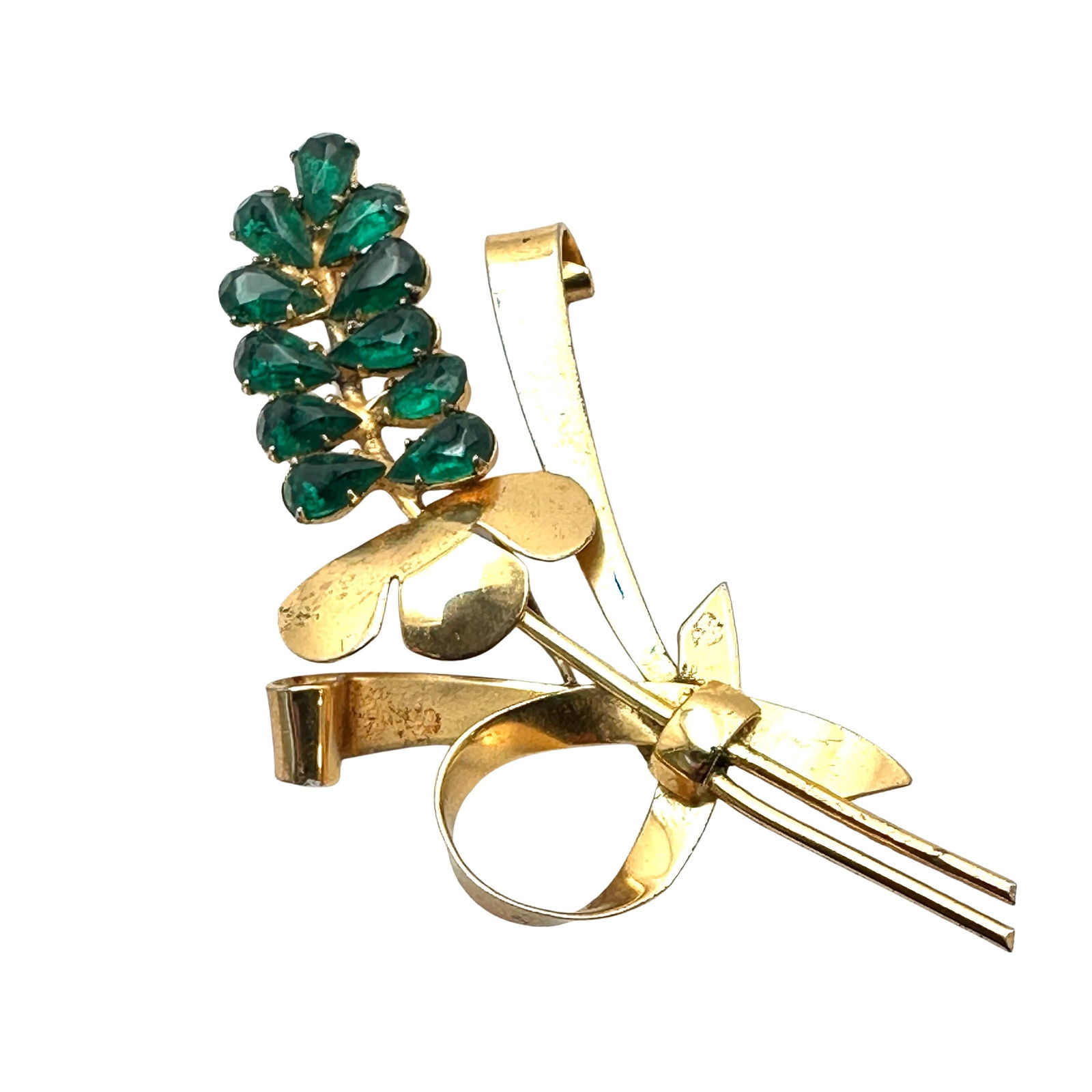 Vintage Coro Sterling Silver Gold Over Green Rhinestone Glass Brooch Pin 3 Inch (1 of 2)