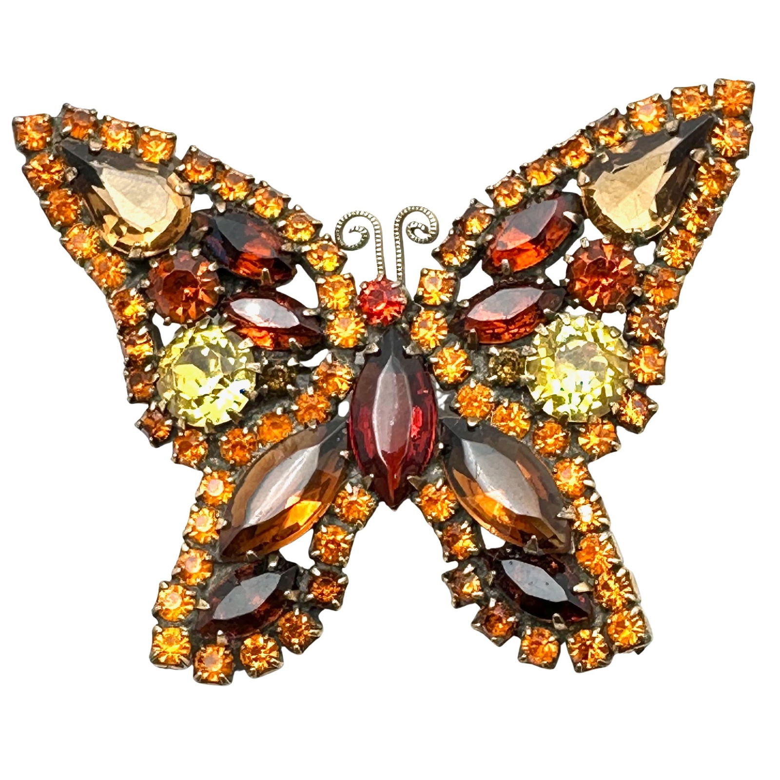 Vintage Unsigned Multicolor Glass Rhinestone Gold Tone Butterfly Brooch Pin Orange Yellow Amber 2: Vintage Unsigned Multicolor Glass Rhinestone Gold Tone Butterfly Brooch Pin Orange Yellow Amber 2 Inch