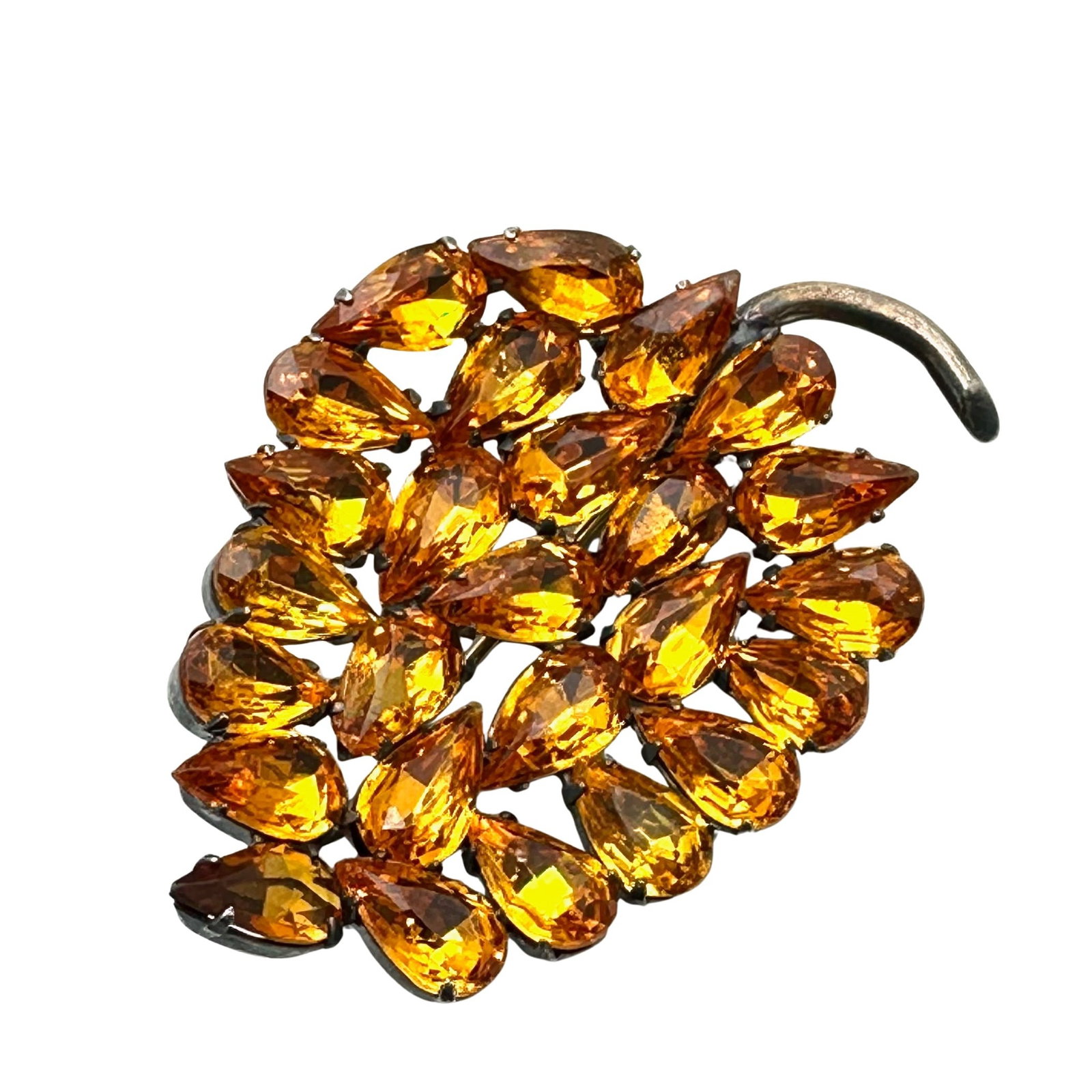 Vintage Sterling Silver Orange Glass Rhinestone Leaf Design Brooch Pin 2 Inch: Vintage Sterling Silver Orange Glass Rhinestone Leaf Design Brooch Pin 2 Inch