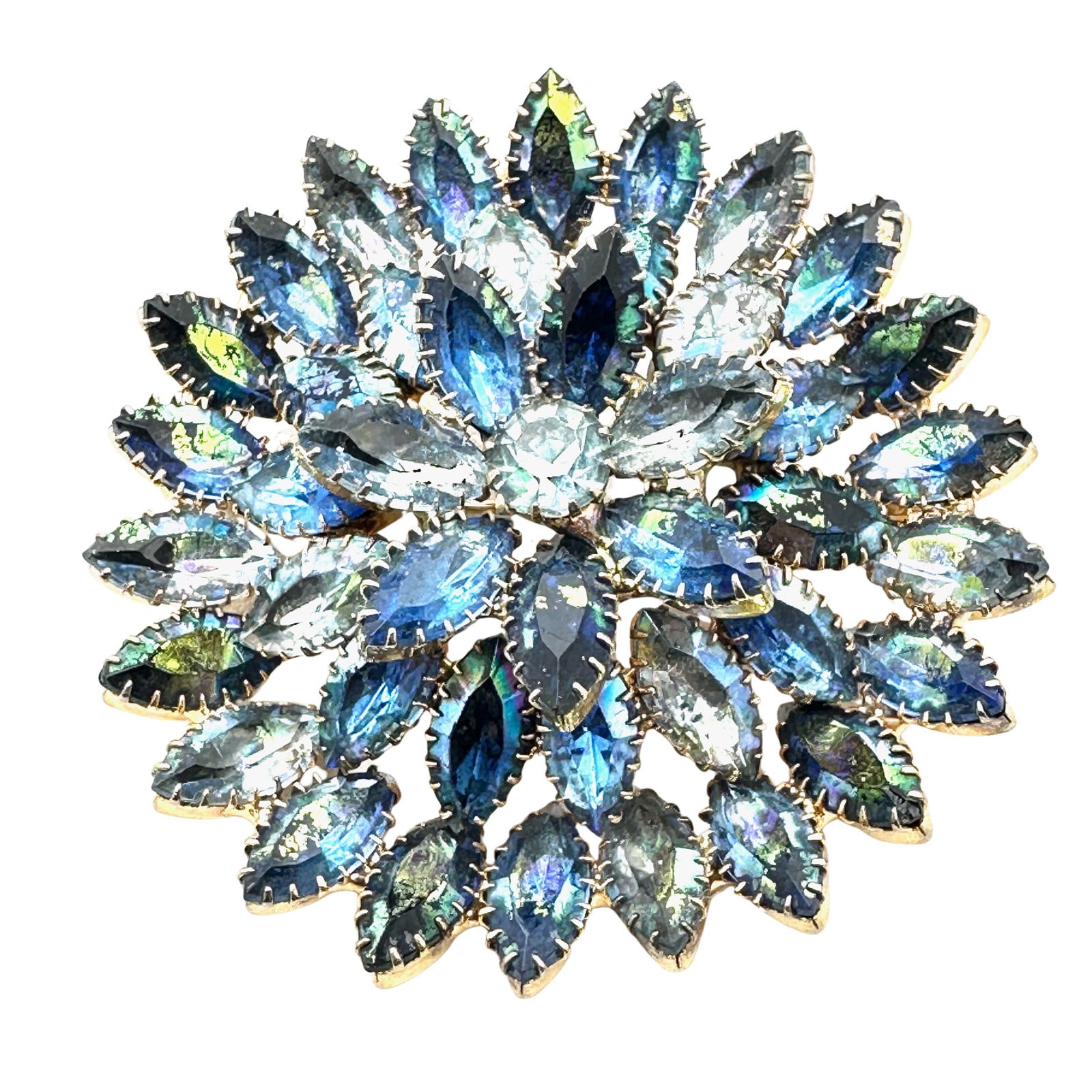 Vintage Huge Domed Blue Glass Rhinestone Gold Tone Brooch Pin 2.5 Inch (1 of 2)