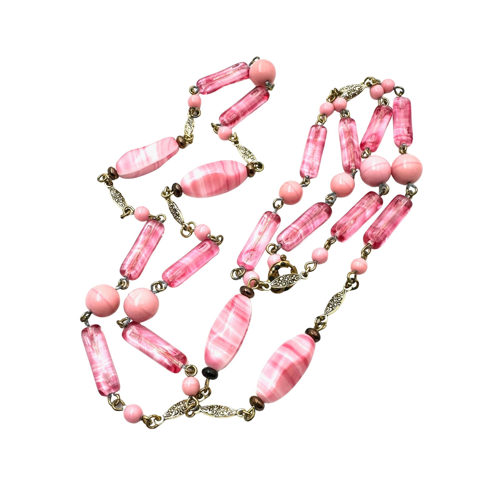 Vintage Pink Swirl Czech Glass Gold Tone Necklace 32 Inch Length: Vintage Pink Swirl Czech Glass Gold Tone Necklace 32 Inch Length