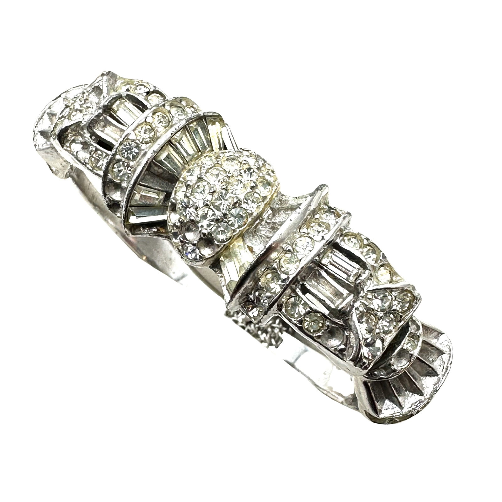 Antique Vintage 1940s Era Clear Glass Rhinestone Silver Tone Pot Metal Bracelet Up to 7.5 Inch: Antique Vintage 1940s Era Clear Glass Rhinestone Silver Tone Pot Metal Bracelet Up to 7.5 Inch
