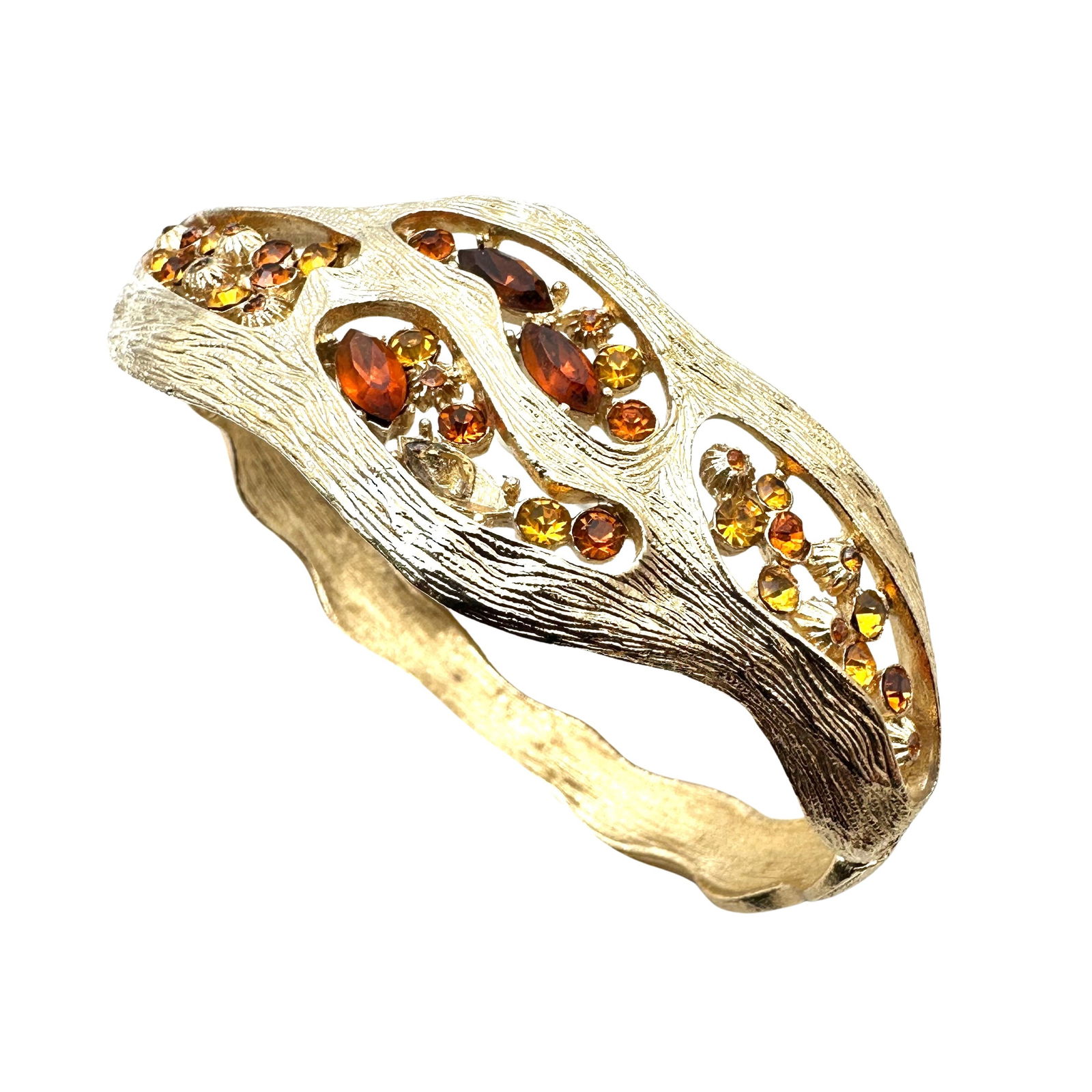 Vintage Coro Amber Glass Rhinestone Gold Tone Hinged Clamper Bracelet 7.5 Inch: Vintage Coro Amber Glass Rhinestone Gold Tone Hinged Clamper Bracelet 7.5 Inch