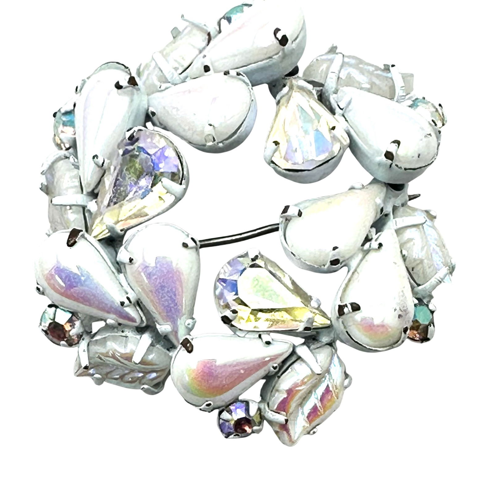 Vintage Regency White Aurora Borealis Glass Rhinestone White Enamel Metal Brooch Pin 1.75 Inch (1 of 2)