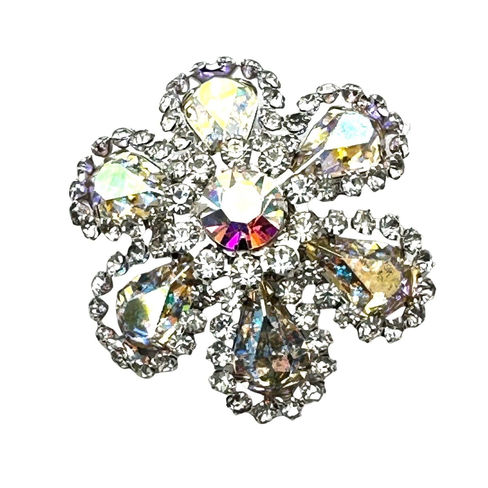 Vintage Unsigned Weiss Aurora Borealis Glass Rhinestone Flower Brooch Pin Silver Tone 1.5 Inch (1 of 2)