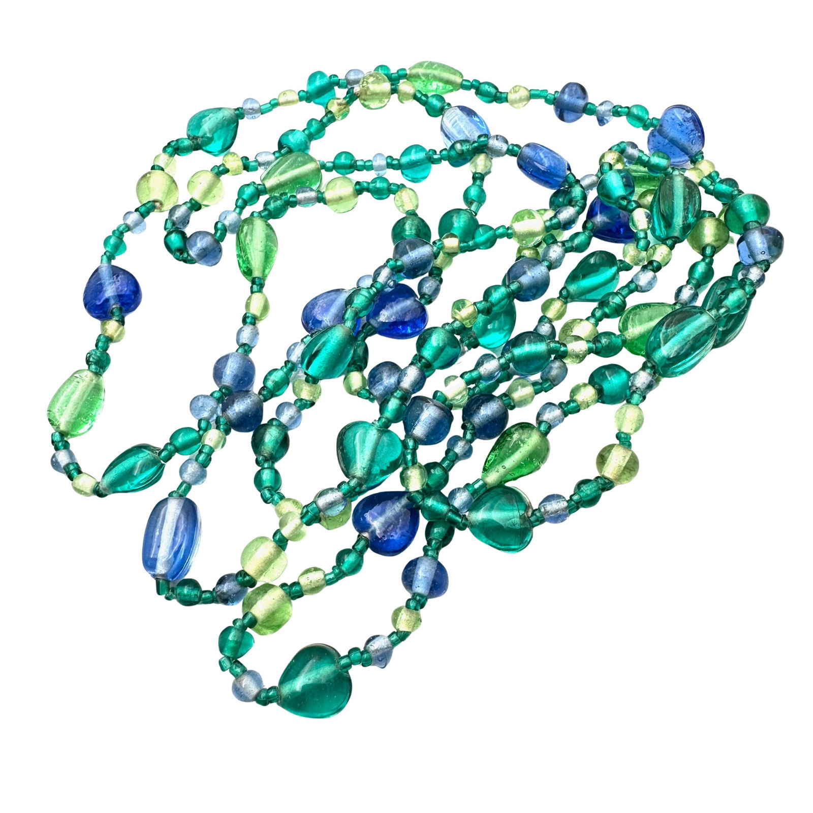 Vintage Blue Green Glass Bead Necklace Hand Knotted 48 Inch Length: Vintage Blue Green Glass Bead Necklace Hand Knotted 48 Inch Length