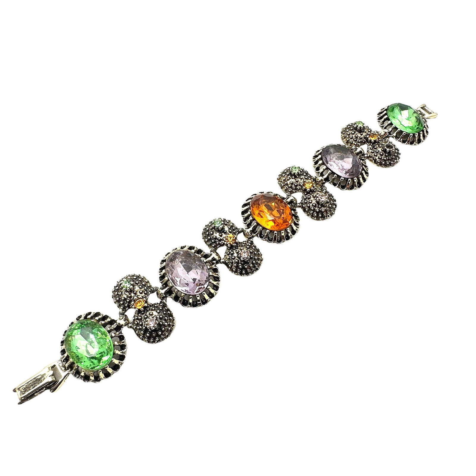 Vintage Purple Amber Green Glass Rhinestone Antiqued Gold Tone 7 Inch Bracelet (1 of 2)