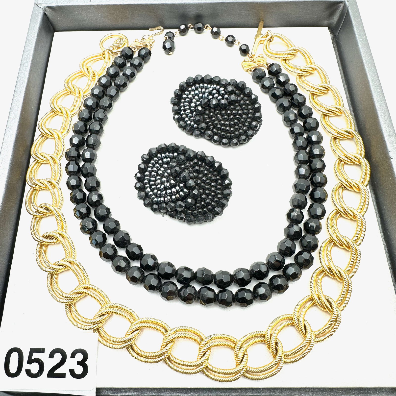 Vintage Jewelry Group Lot Black Glass Beads Clip Earrings Anne Klein Gold Tone Chain Necklace (1 of 2)