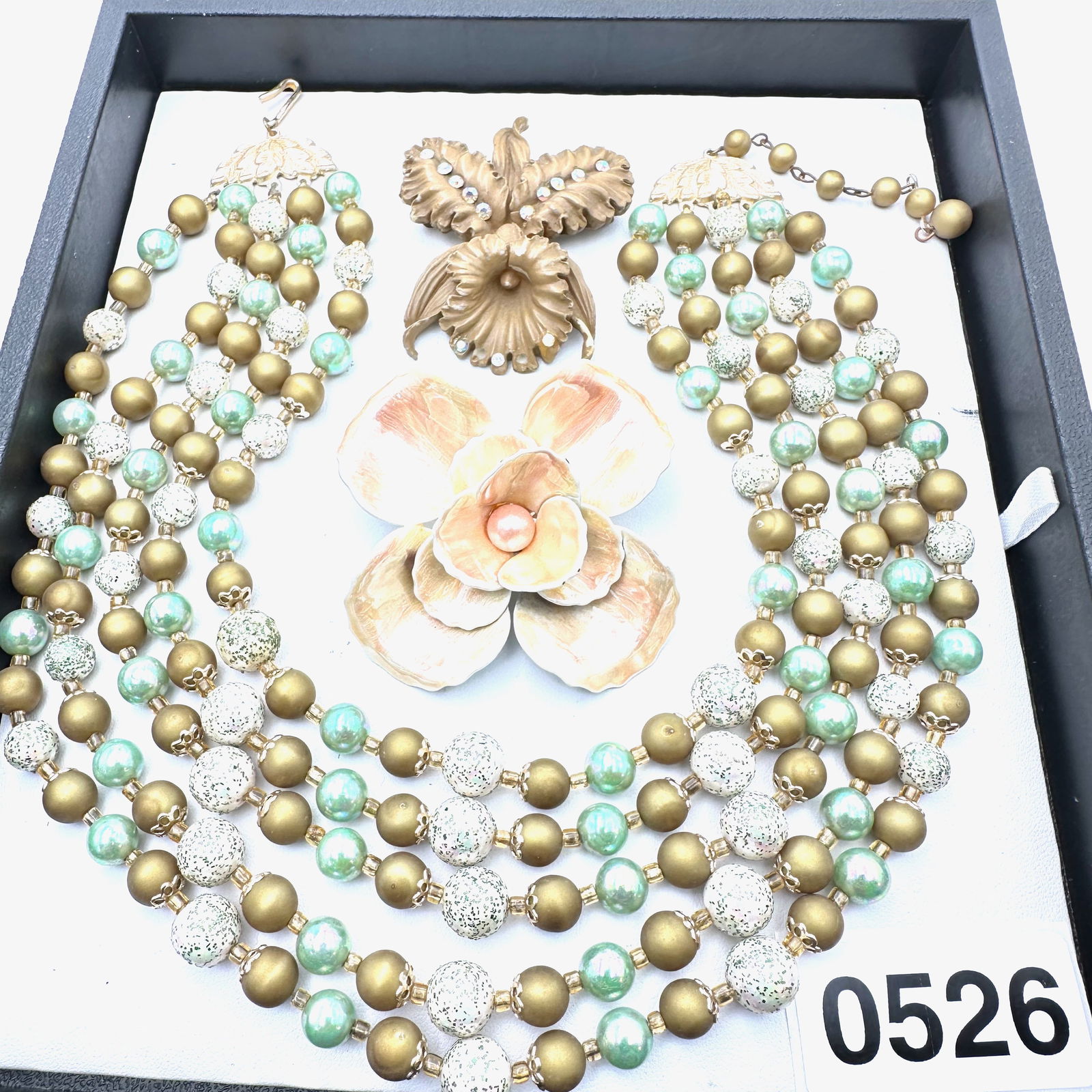 Jewelry Group Lot Gold Tone Enamel Flower Brooch Multi Strand Green necklace (1 of 2)