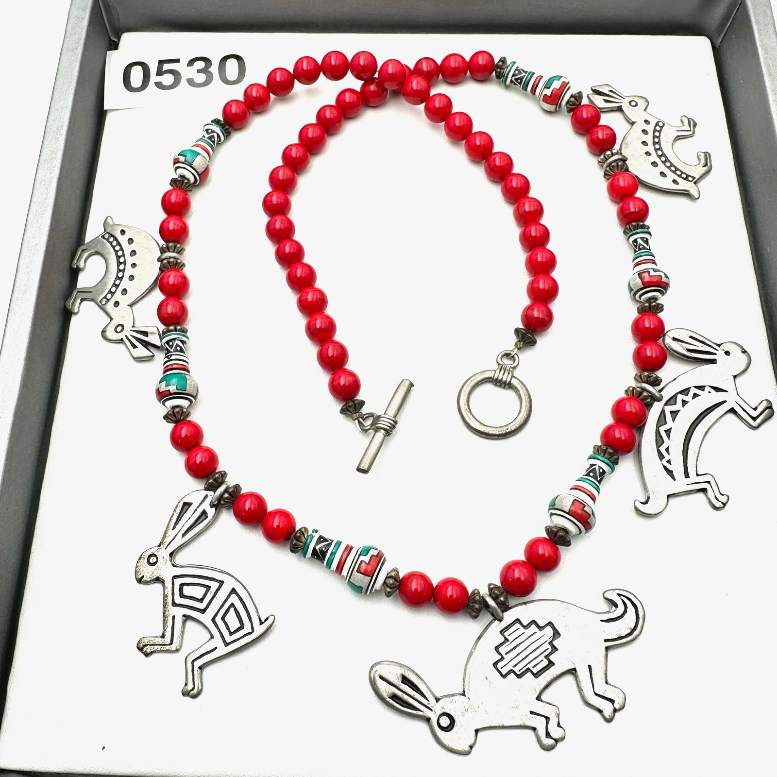 Vintage Silver Tone American Southwest Handmade Necklace Red Multicolor Beads Rabbit Pendants: Vintage Silver Tone American Southwest Handmade Necklace Red Multicolor Beads Rabbit Pendants