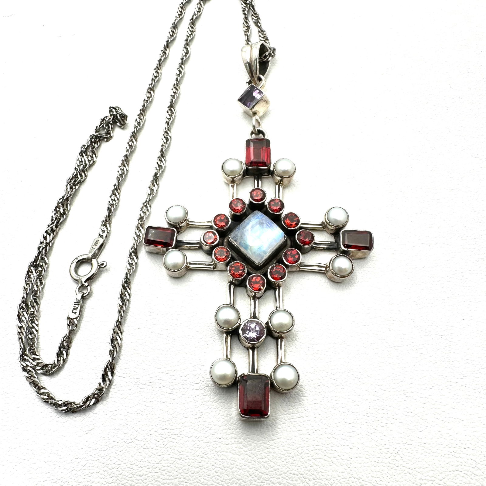 Nicky Butler Moonstone Garnet Pearl 3 Inch Cross Pendant Sterling Silver Necklace 18 Inch Chain (1 of 2)