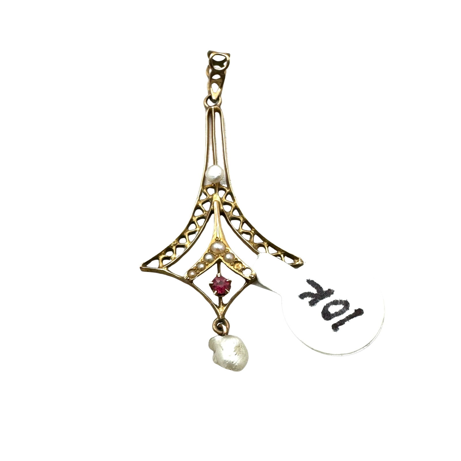 Antique Victorian Ruby Pearl 10K Gold Lavalier Pendant 1.5. Inch 1.2 Grams (1 of 2)