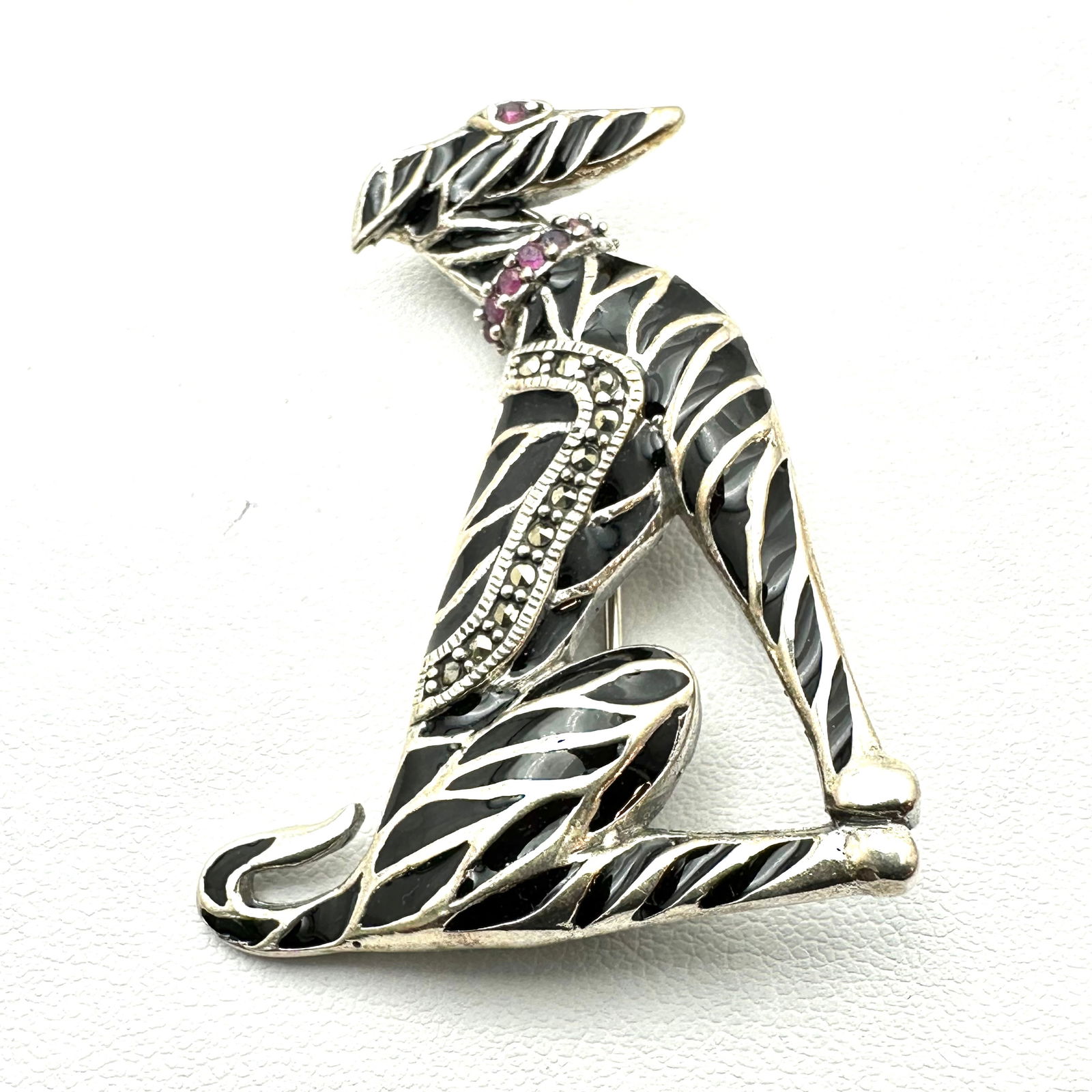 Vintage Gemstone Black Enamel Sterling Silver Dog Brooch Pin Pendant 2 Inch (1 of 2)
