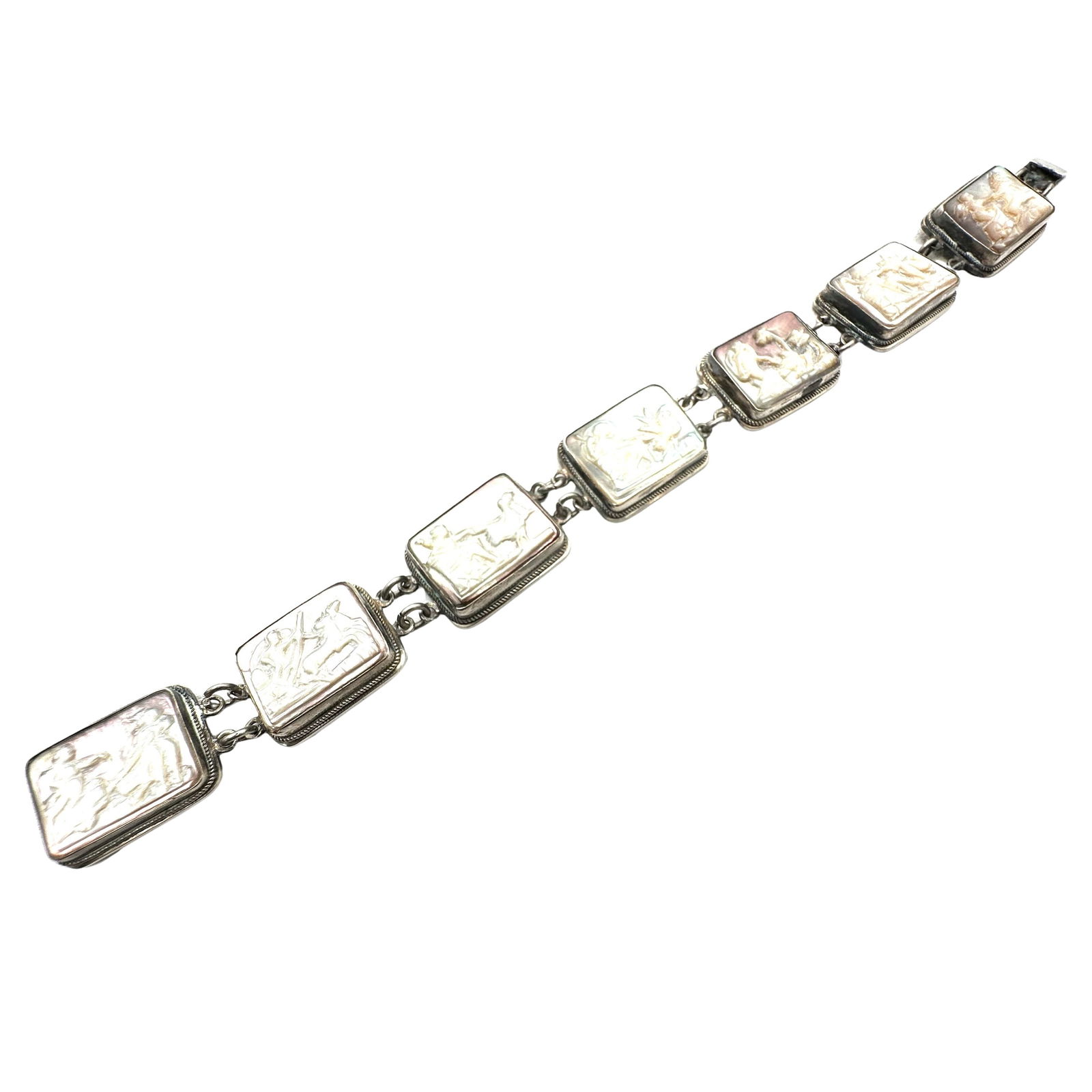 Antique Carved Pearl Scene Panel Bracelet Sterling Silver 6.5 Inch 20 Grams: Antique Carved Pearl Scene Panel Bracelet Sterling Silver 6.5 Inch 20 Grams