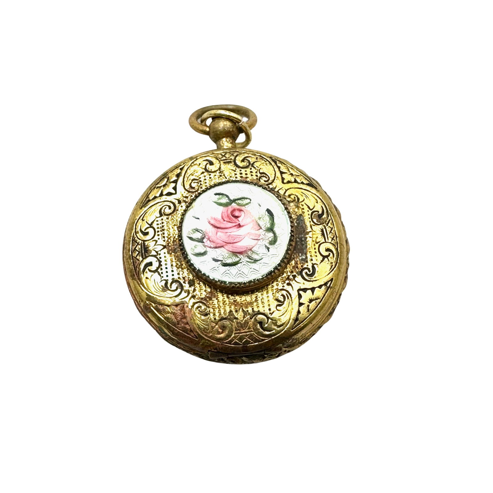 Vintage Enamel Rose Guilloche Gold Tone Picture Locket Pendant 1.5 Inch: Vintage Enamel Rose Guilloche Gold Tone Picture Locket Pendant 1.5 Inch