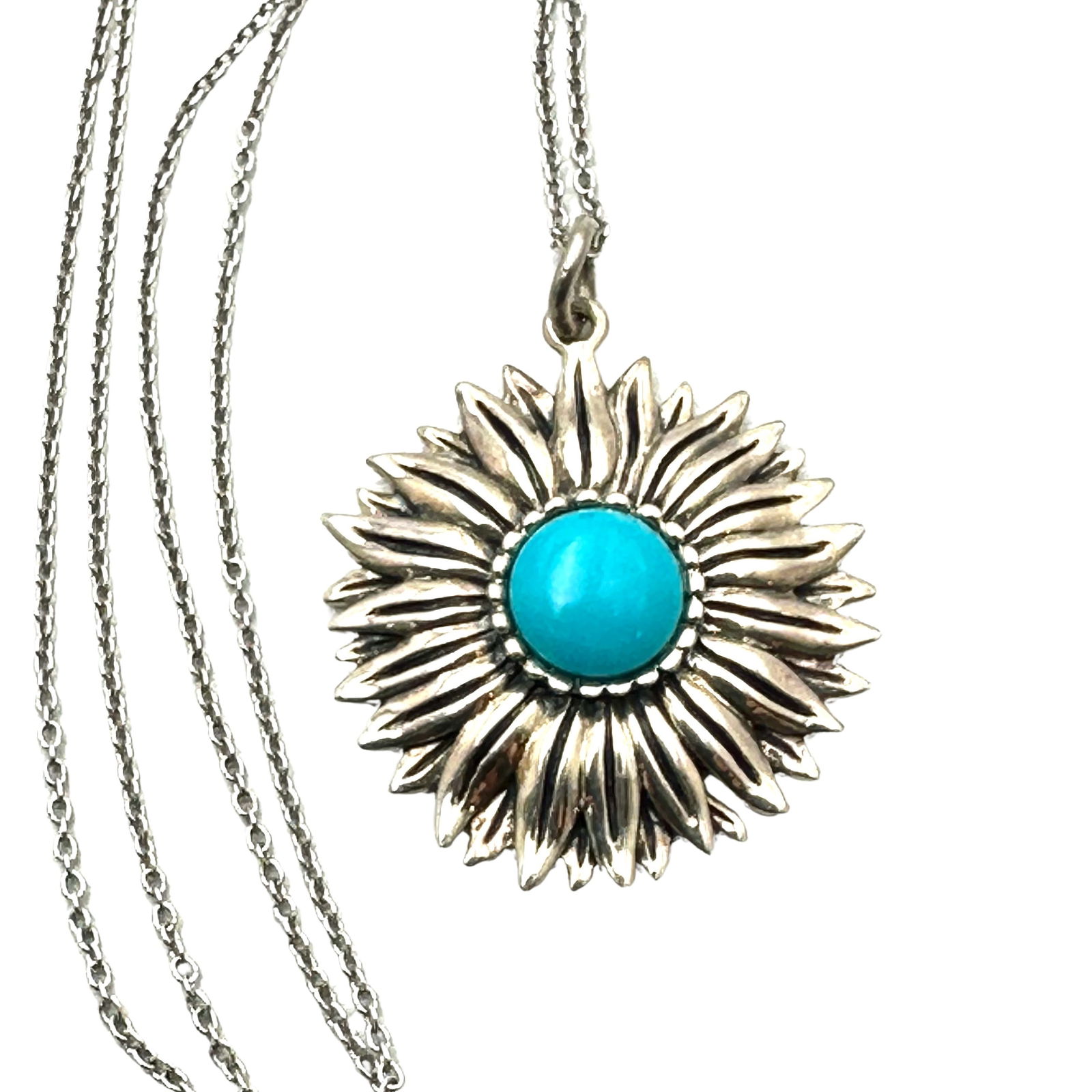 Blue Turquoise Sterling Silver Sunflower 1 Inch Pendant Necklace 18 Inch Chain (1 of 2)