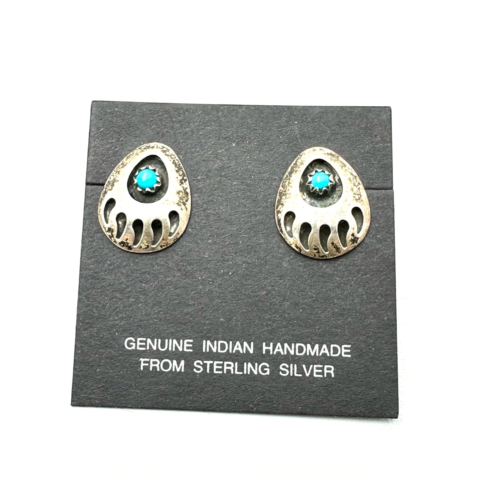 Native American Turquoise Sterling Silver Bear Claw Design Pierced Earrings Original Card: Native American Turquoise Sterling Silver Bear Claw Design Pierced Earrings Original Card