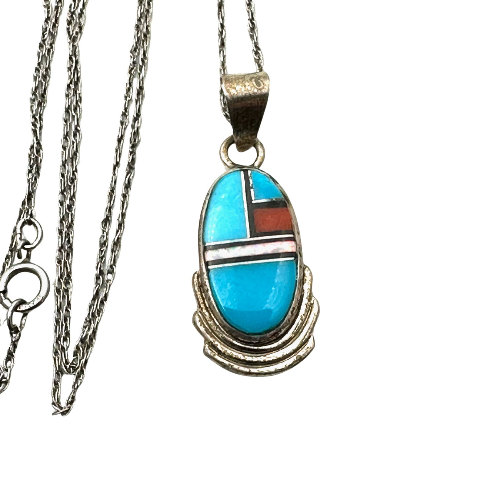 Native American Inlay Turquoise Opal Coral Inlay 1 1/4 Inch Pendant Sterling Silver 19 Inch Chain (1 of 2)