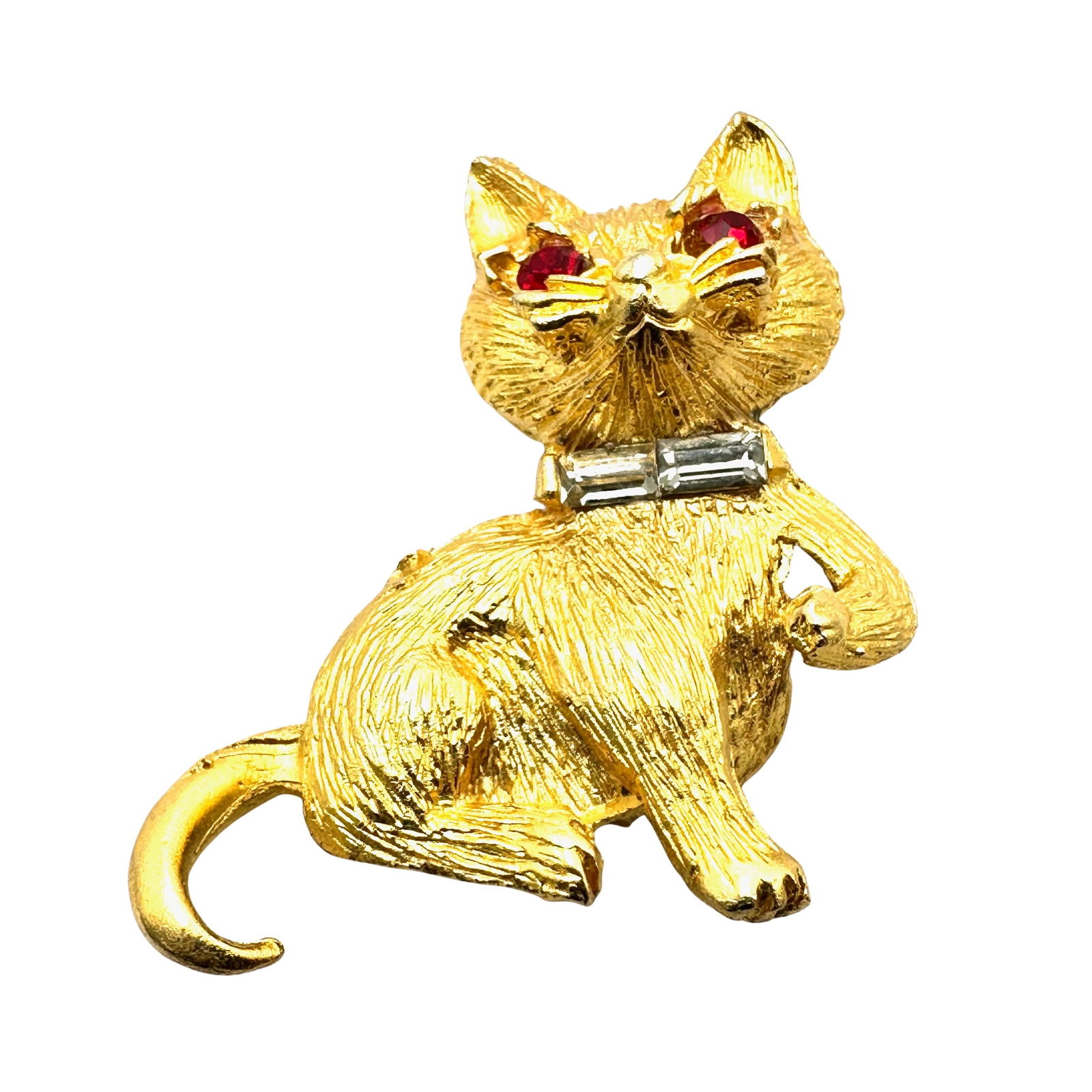 Vintage Red Clear Rhinestone Gold Tone Cat Brooch Pin 1.5 Inch (1 of 2)
