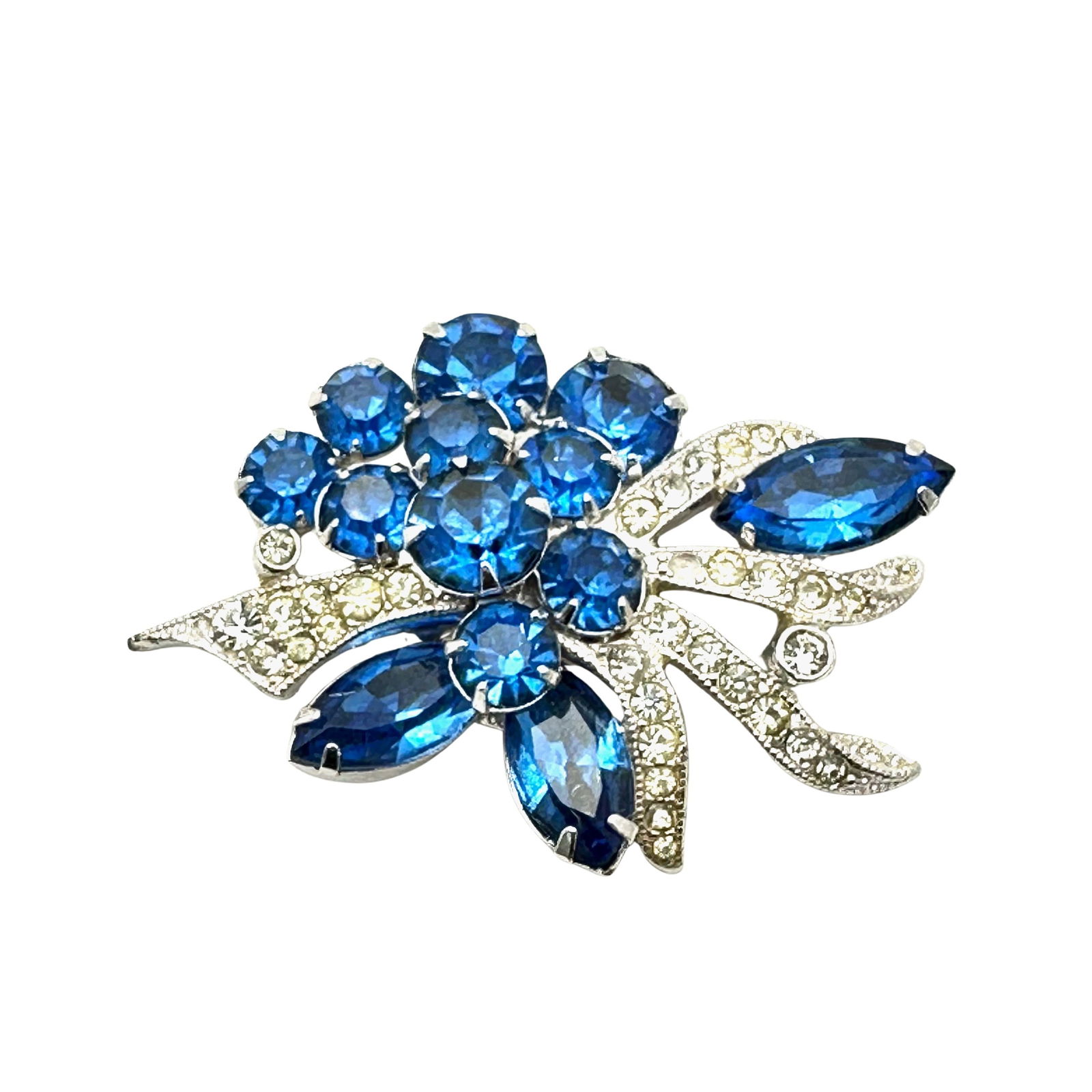 Vintage Eisenberg Ice Blue Clear Glass Rhinestone Silver Tone Brooch Pin 2 Inch (1 of 2)