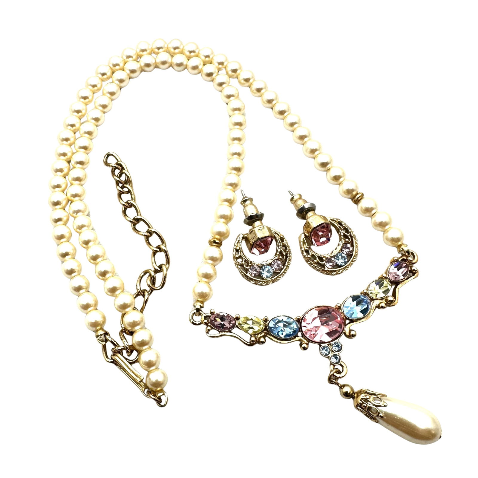 Vintage 1928 Pink Blue Yellow Rhinestone Faux Pearl Gold tone Necklace 18 to 20 Inch Pierced (1 of 2)
