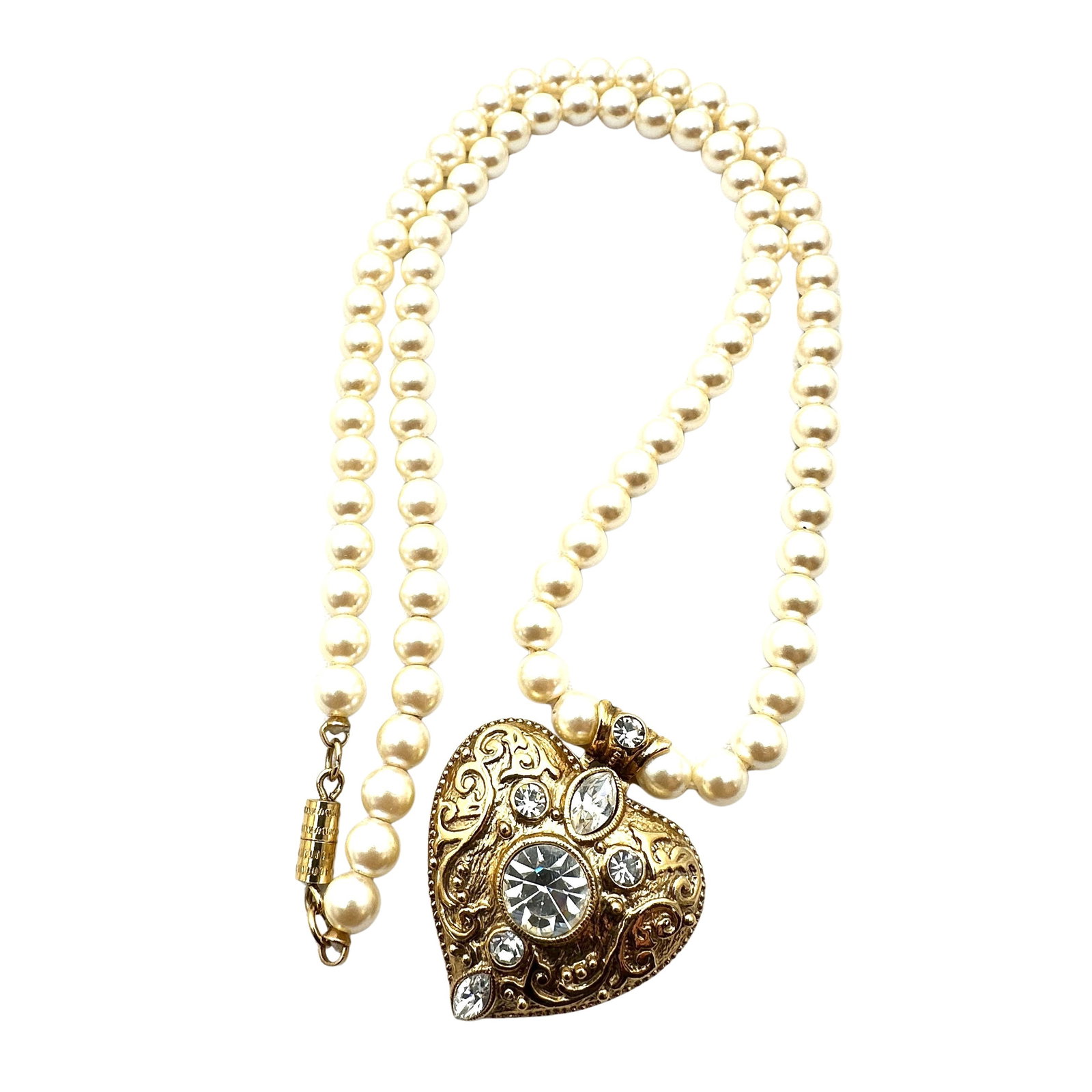 Vintage 1928 Clear Rhinestone Heart Pendant Gold Tone Faux Pearl Necklace 18 Inch: Vintage 1928 Clear Rhinestone Heart Pendant Gold Tone Faux Pearl Necklace 18 Inch