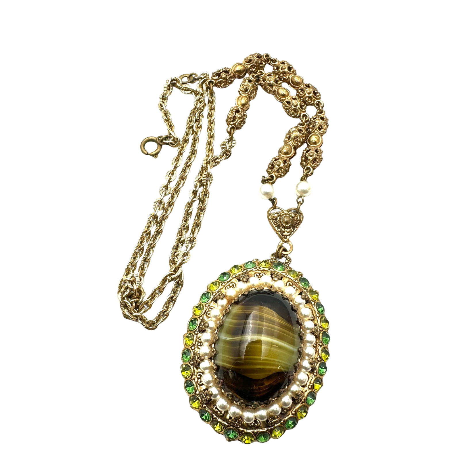 Vintage West Germany Green Slag Glass Rhinestone Faux Pearl Gold Tone Pendant Necklace 24 Inch (1 of 2)